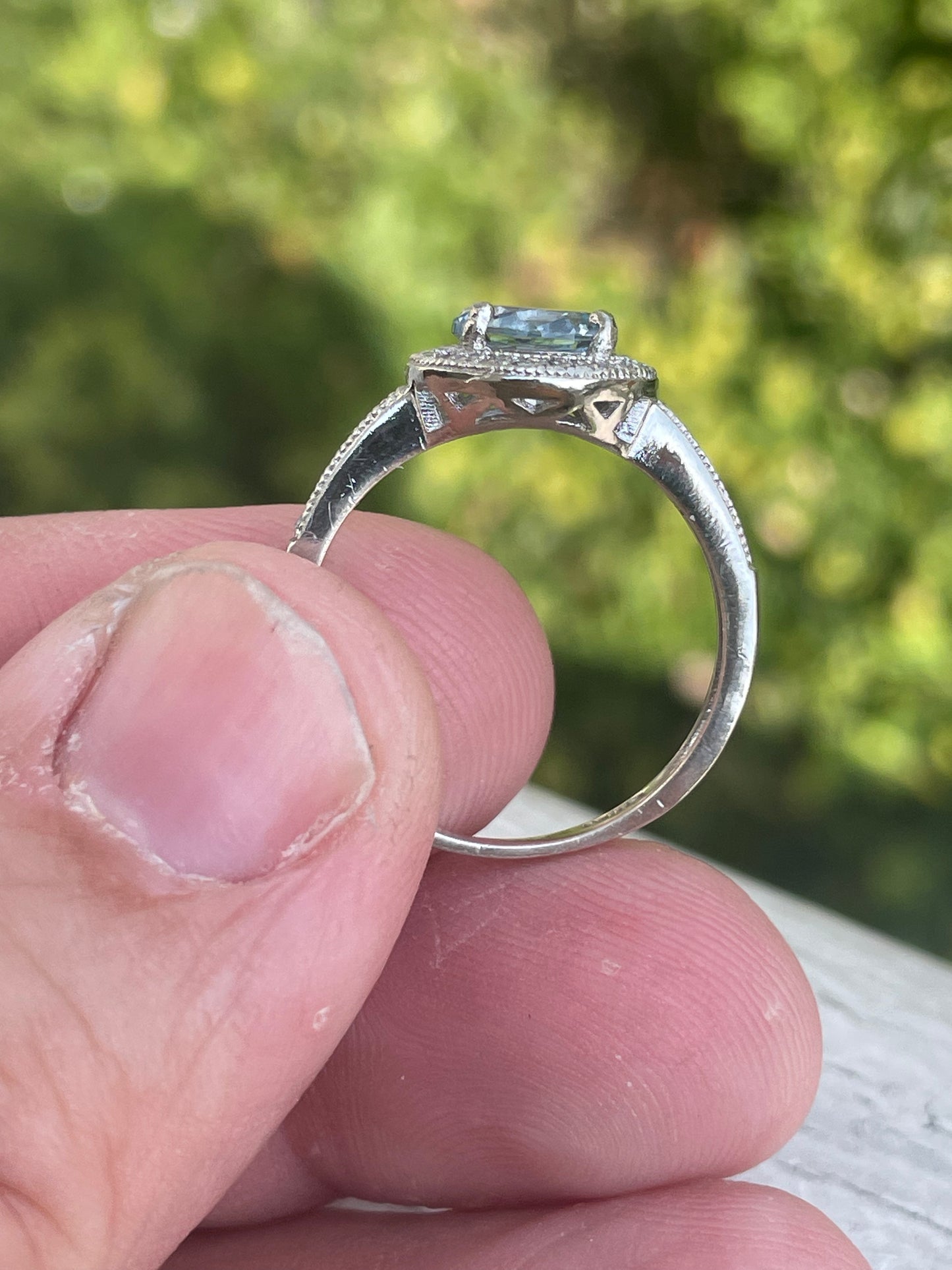 925 Sterling Silver Simulated Aquamarine Solitaire Ring with Clear Zirconia Halo & Sides