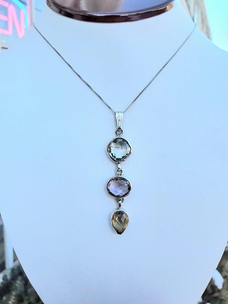 925 Sterling Silver Triplo Vertical Natural Gemstone Necklace