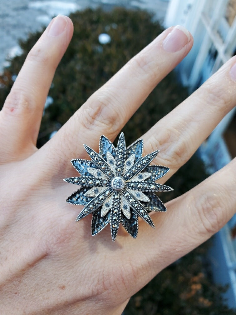 925 Sterling Silver Cubic Zirconia & Marcasite Celebration Ring