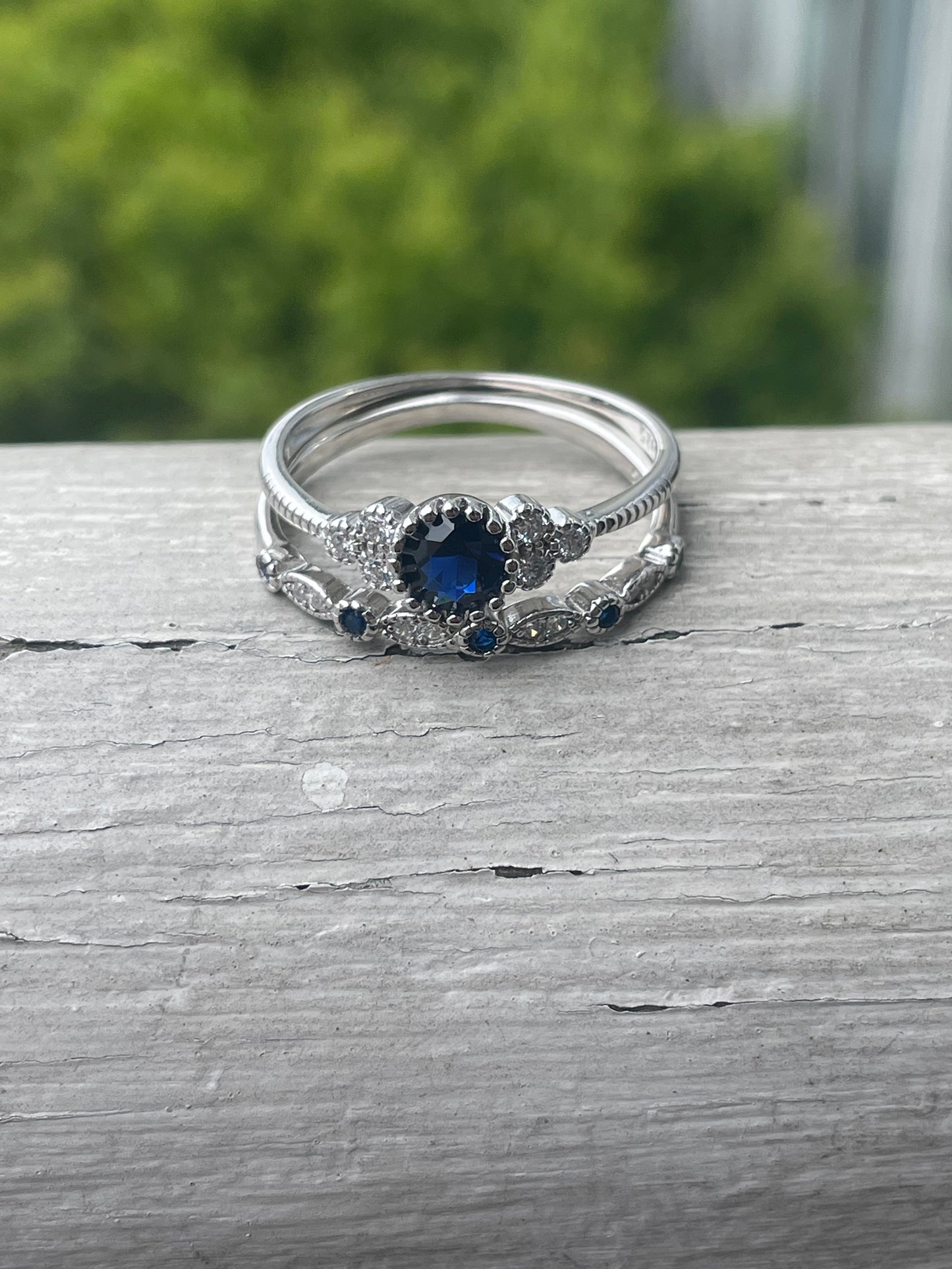 925 Sterling Silver Set of 2 Simulated Sapphire Solitaire & Matching Band Rings
