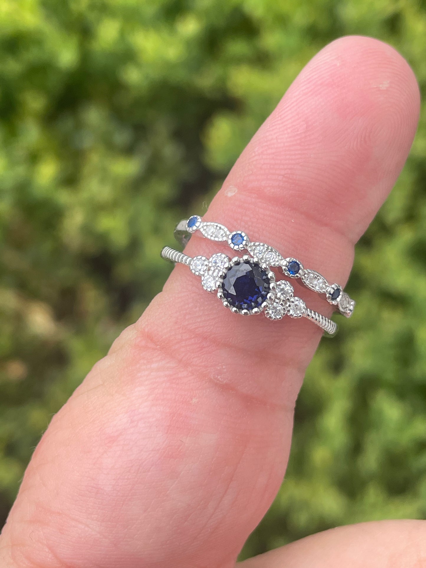 925 Sterling Silver Set of 2 Simulated Sapphire Solitaire & Matching Band Rings
