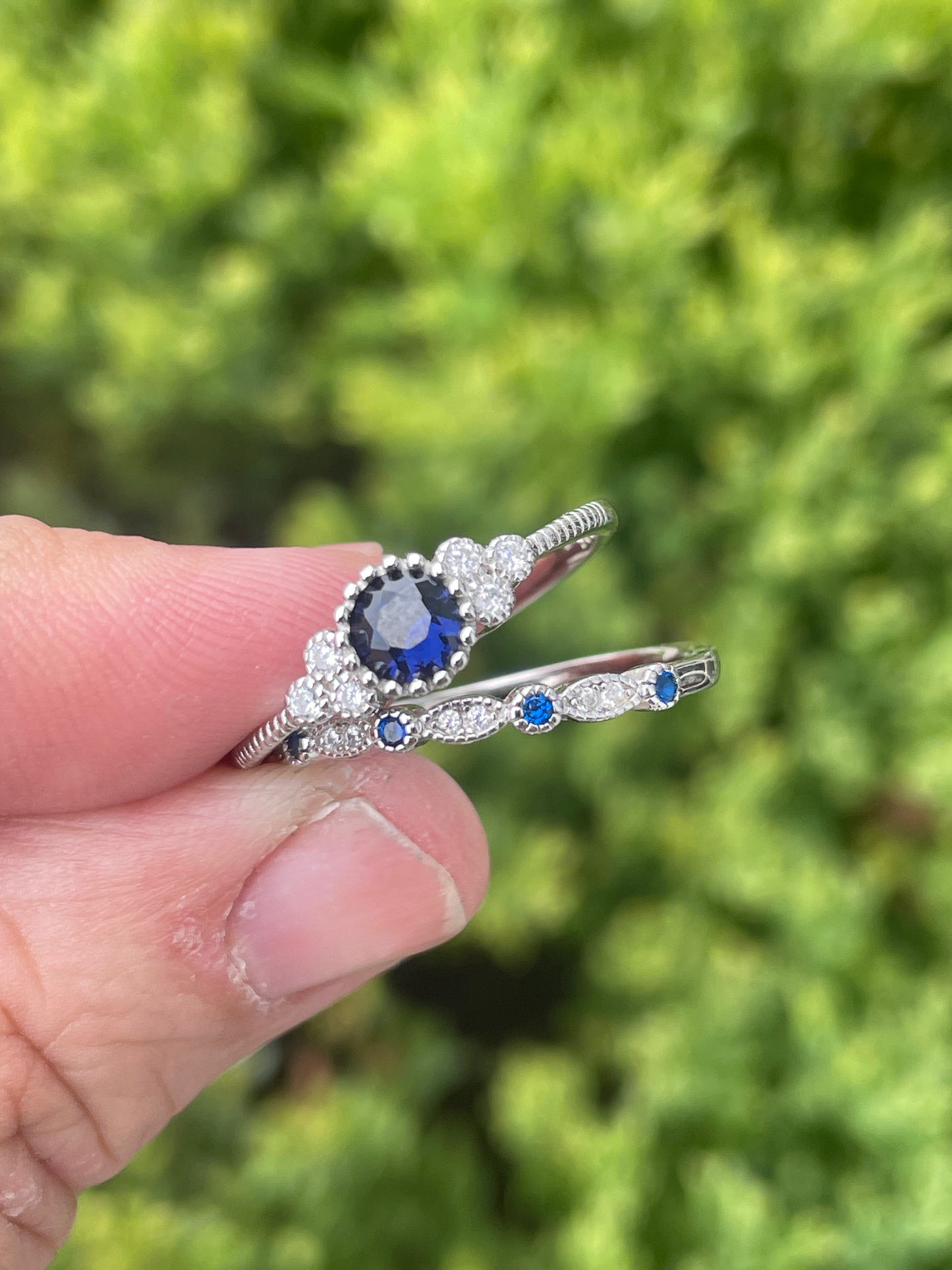 925 Sterling Silver Set of 2 Simulated Sapphire Solitaire & Matching Band Rings