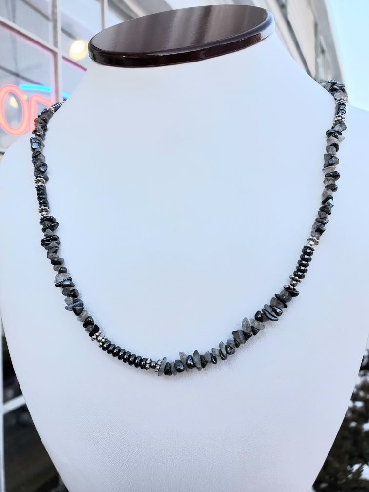 925 Sterling Silver Henatite & To k Crystal Beaded Necklace