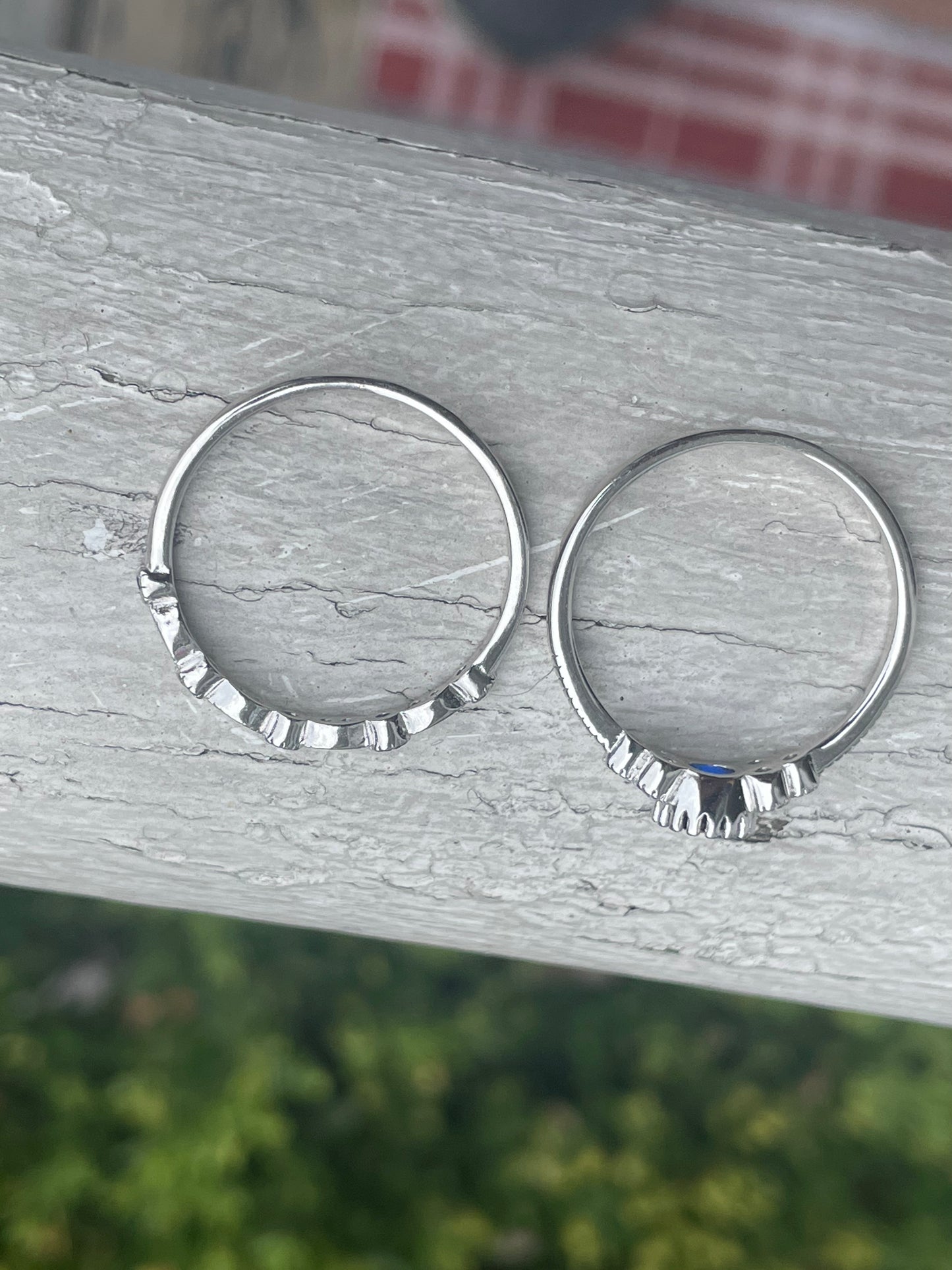 925 Sterling Silver Set of 2 Simulated Sapphire Solitaire & Matching Band Rings
