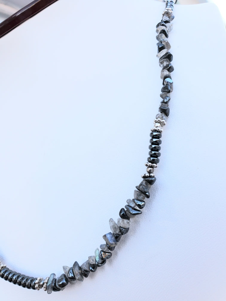 925 Sterling Silver Henatite & To k Crystal Beaded Necklace