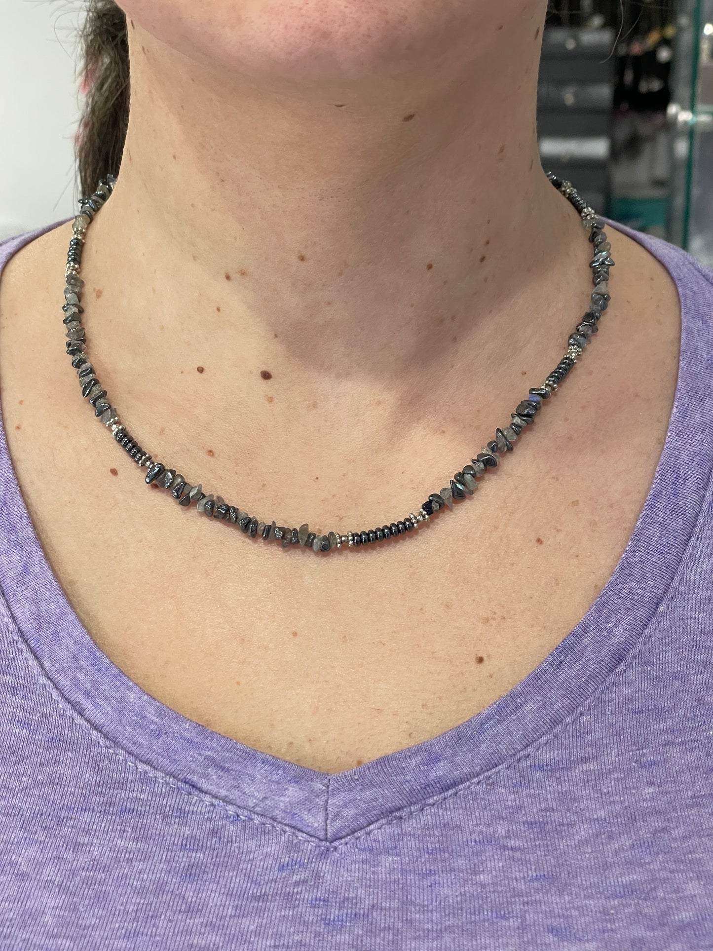 925 Sterling Silver Henatite & To k Crystal Beaded Necklace