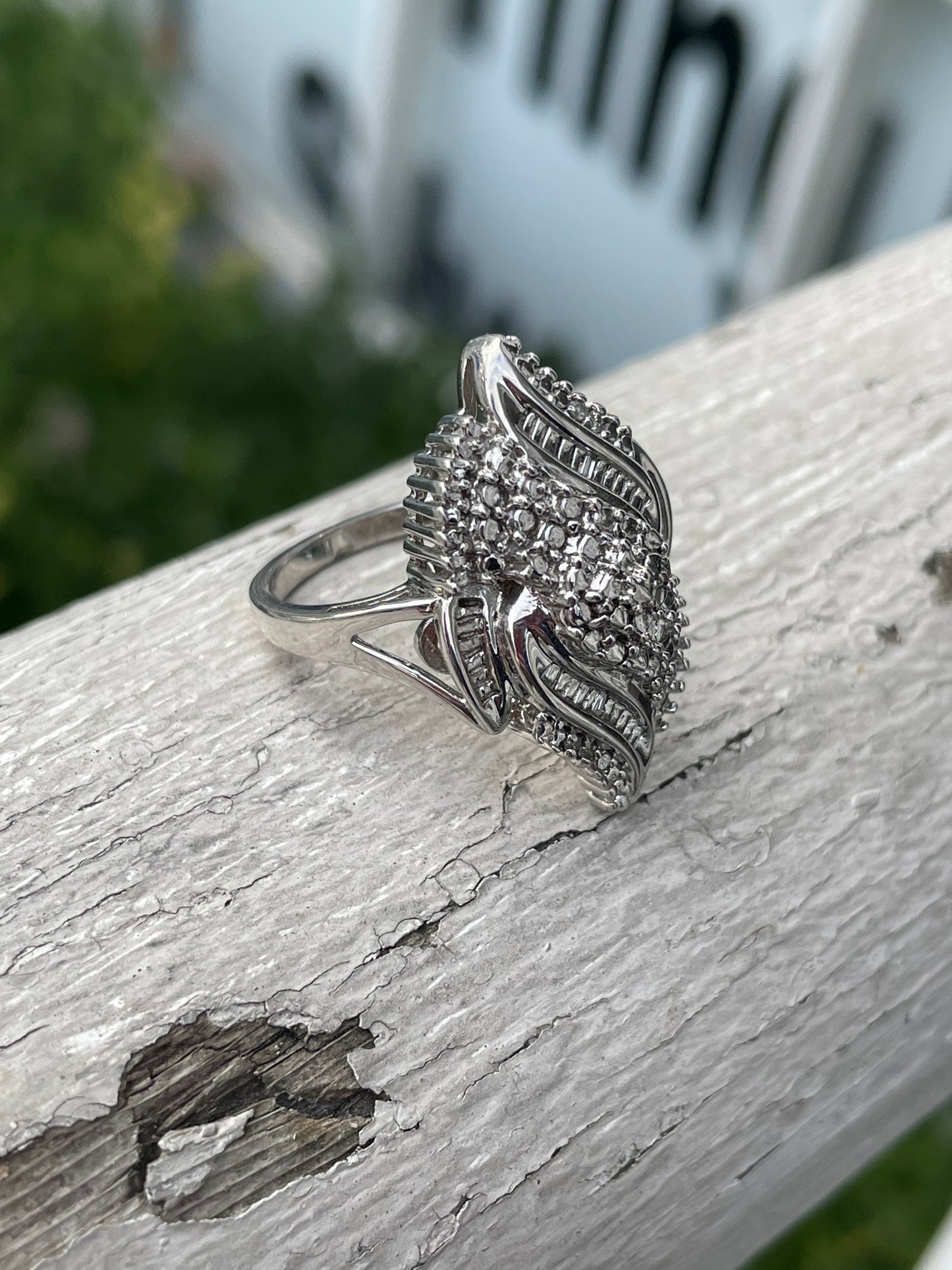 Vintage 1980s 925 Sterling Silver Diamond Cluster Ring