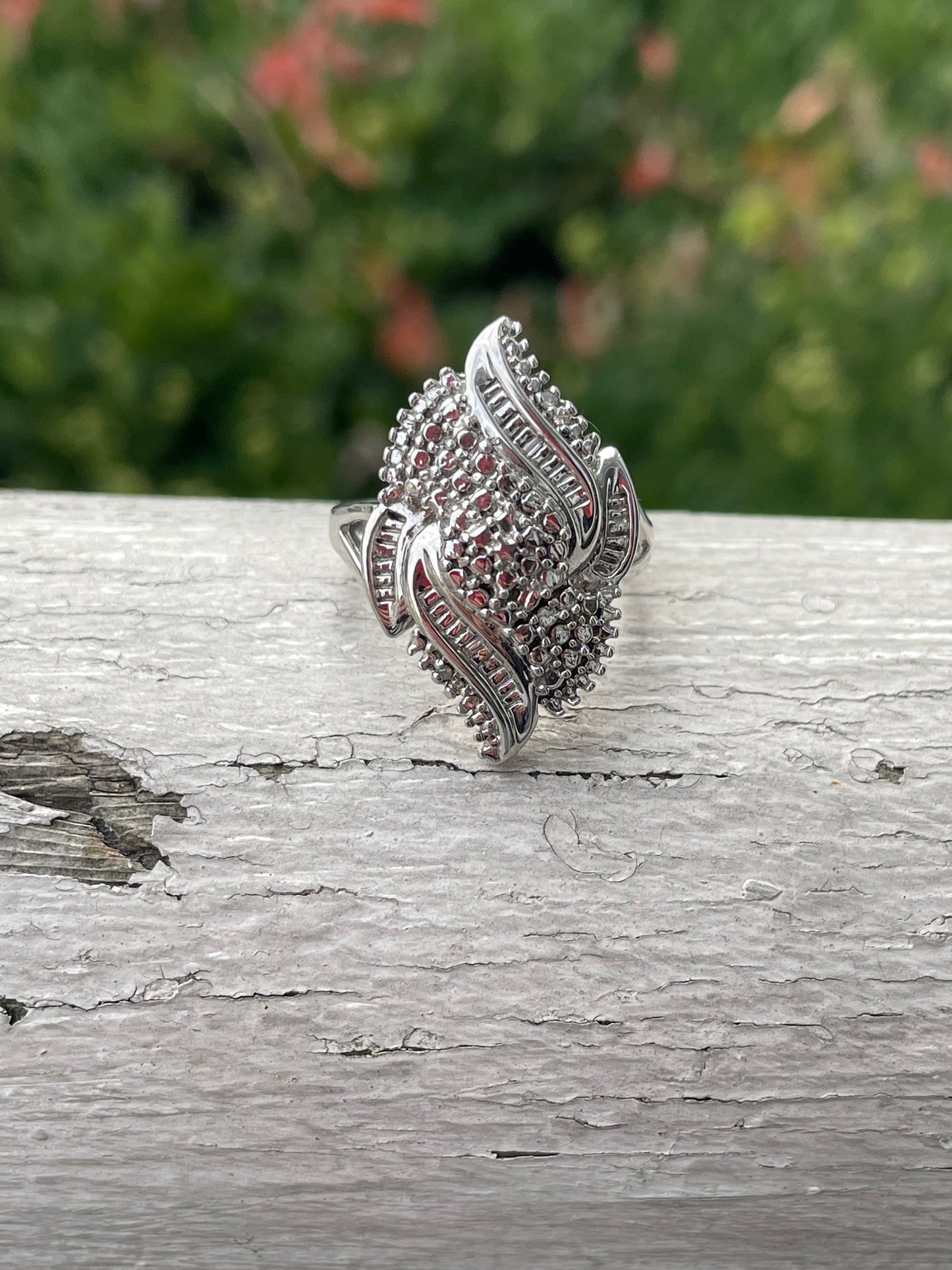 Vintage 1980s 925 Sterling Silver Diamond Cluster Ring