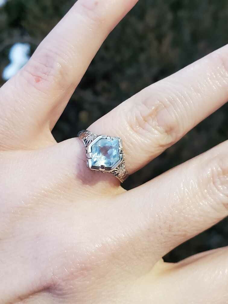 Antique 14k White Gold Hex Cut Sky Blue Topaz Solitaire Ring