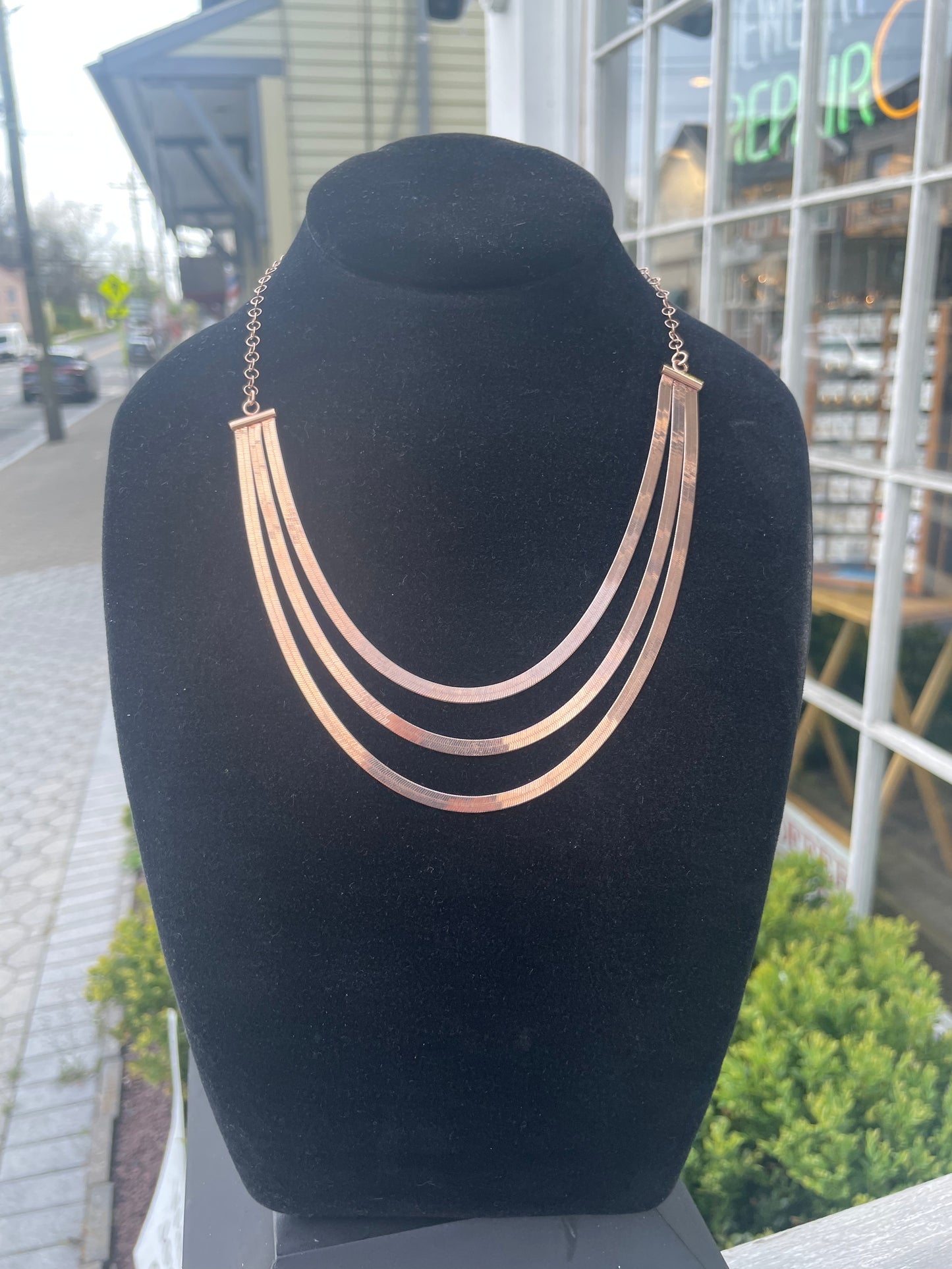 925 Sterling Silver Rose Vermeil Triple Layer Herringbone Necklace