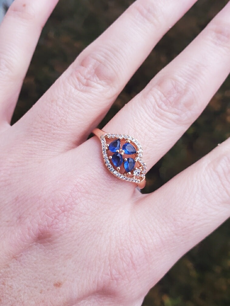 Stainless Steel Rose Vermeil Simulated Sapphire & Cz Cluster Ring