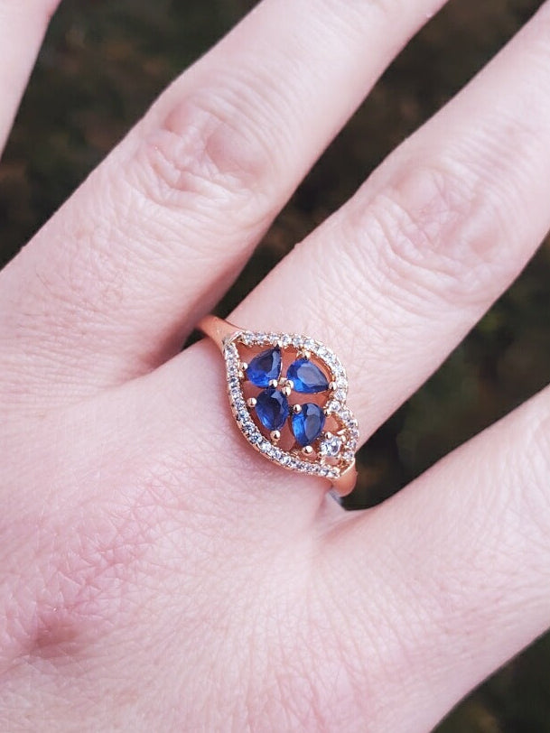 Stainless Steel Rose Vermeil Simulated Sapphire & Cz Cluster Ring