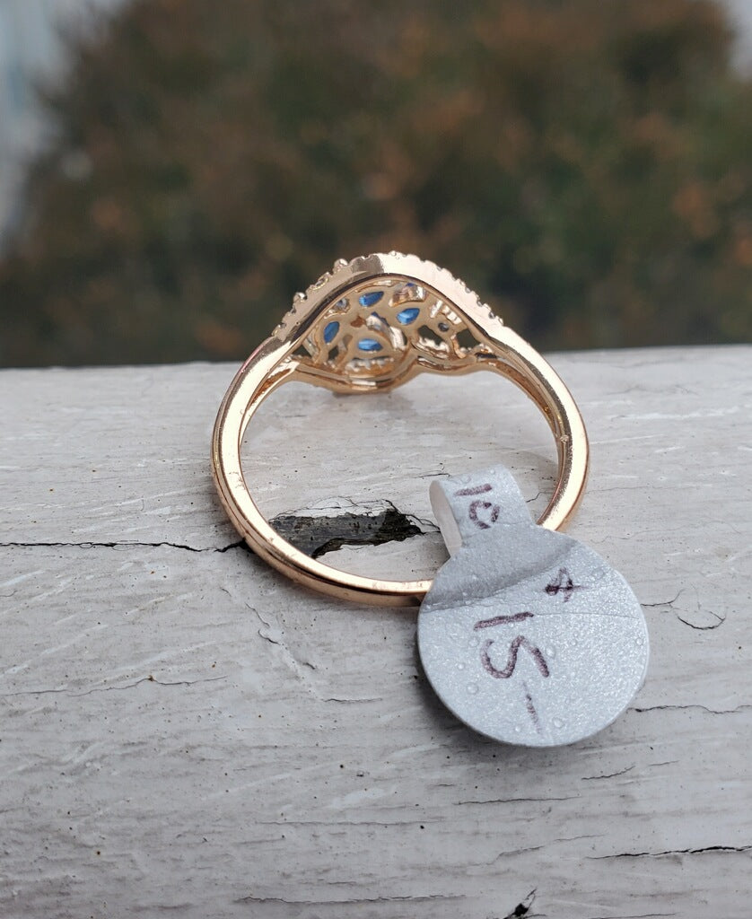 Stainless Steel Rose Vermeil Simulated Sapphire & Cz Cluster Ring