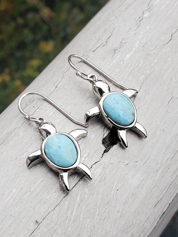 925 Sterling Silver Larimar Sea Turtle Dangle Earrings