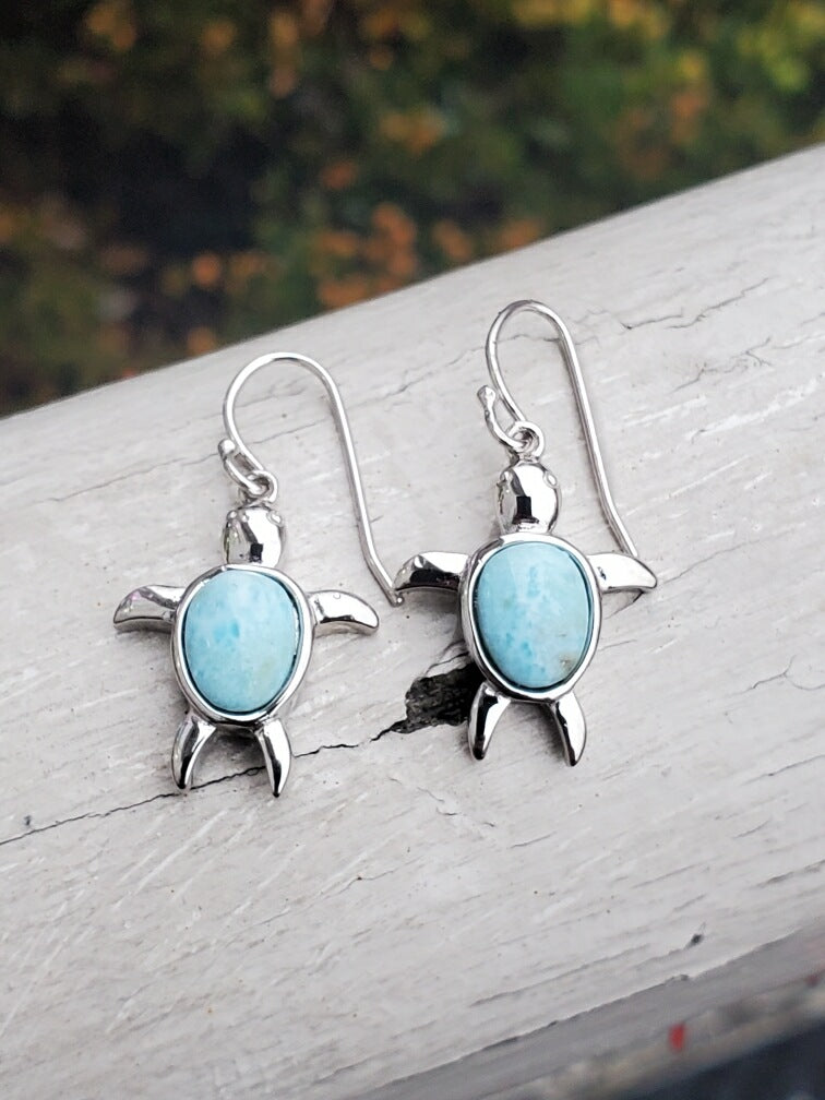 925 Sterling Silver Larimar Sea Turtle Dangle Earrings