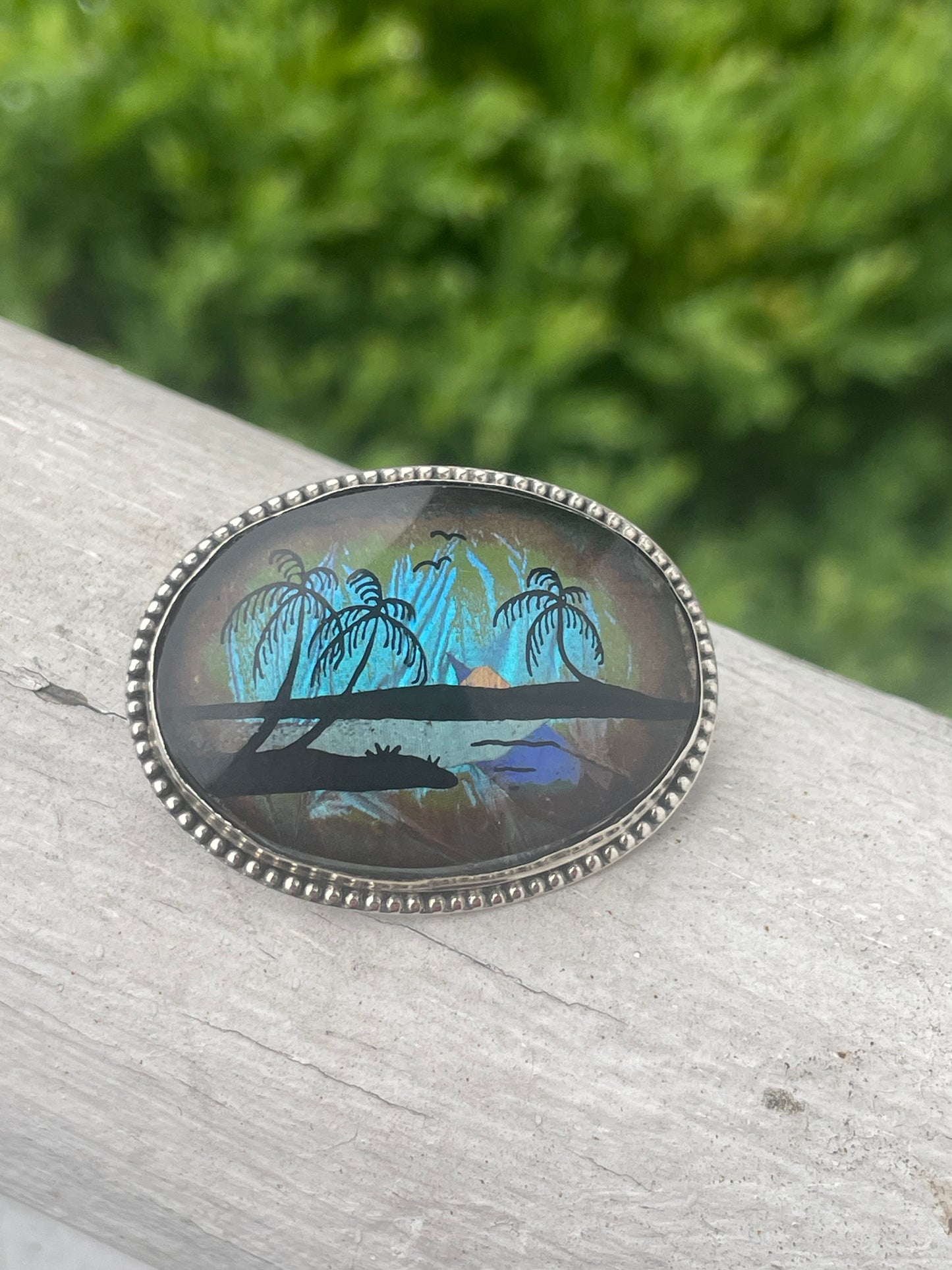 925 Sterling Silver Island Scene Brooch Pin