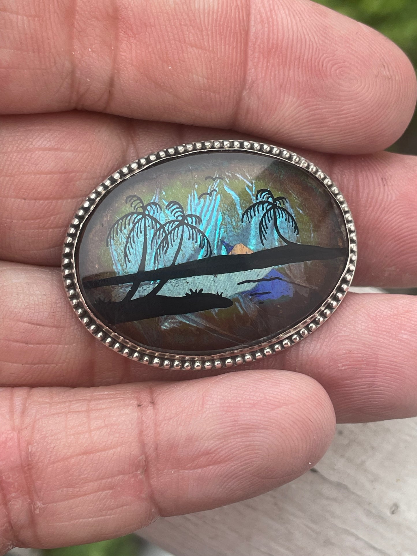 925 Sterling Silver Island Scene Brooch Pin