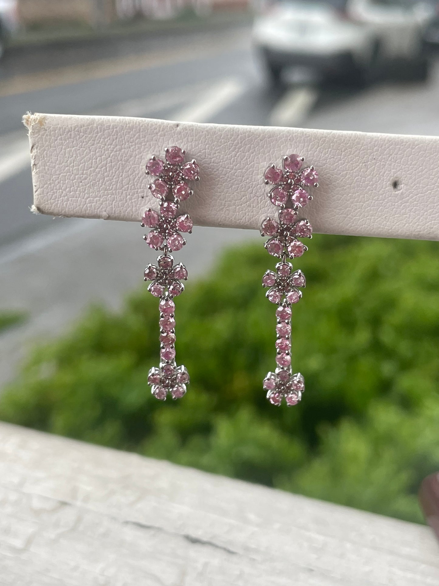 14k White Gold Pink Diamond Flower Dangle Earrings