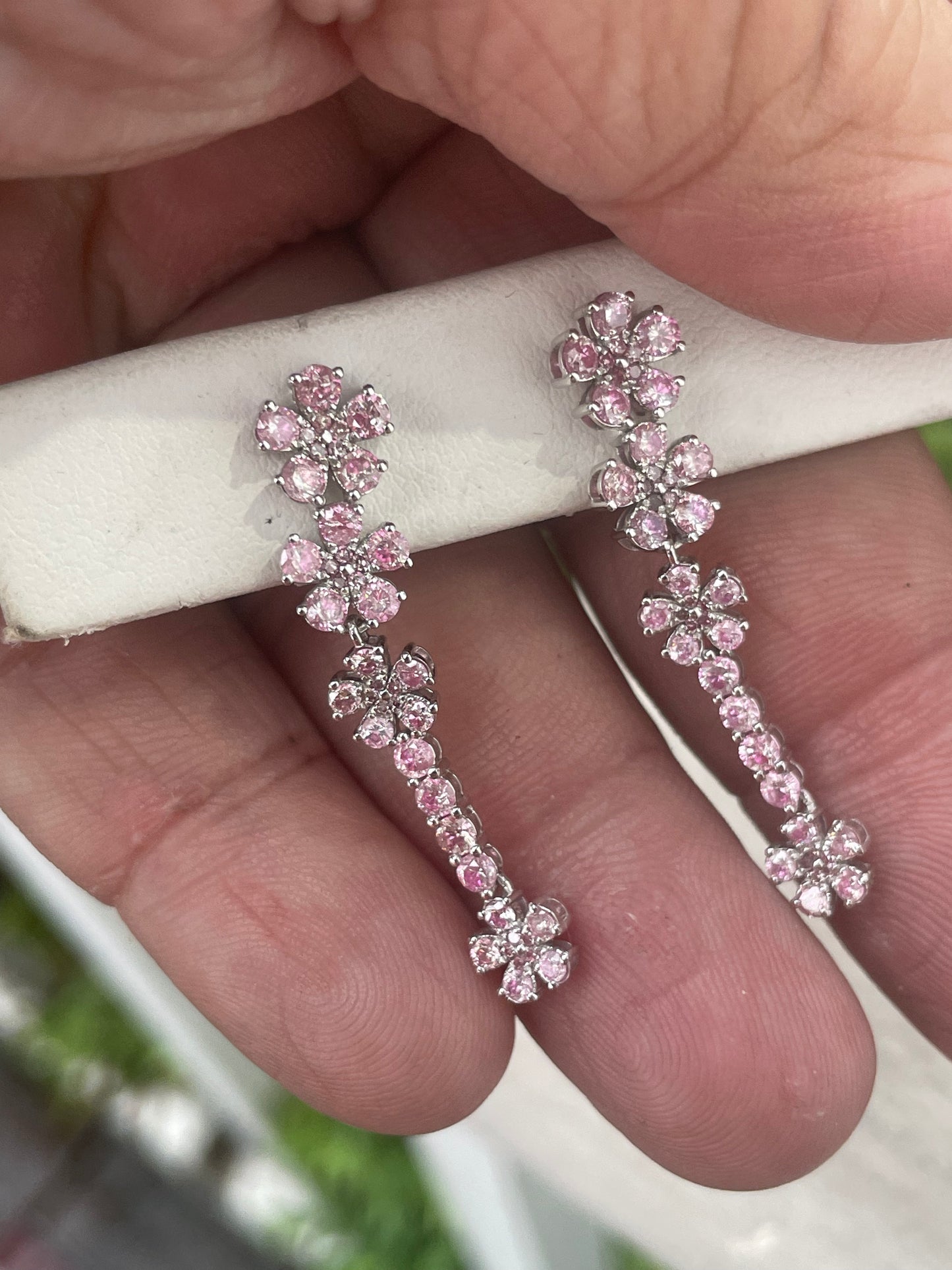 14k White Gold Pink Diamond Flower Dangle Earrings