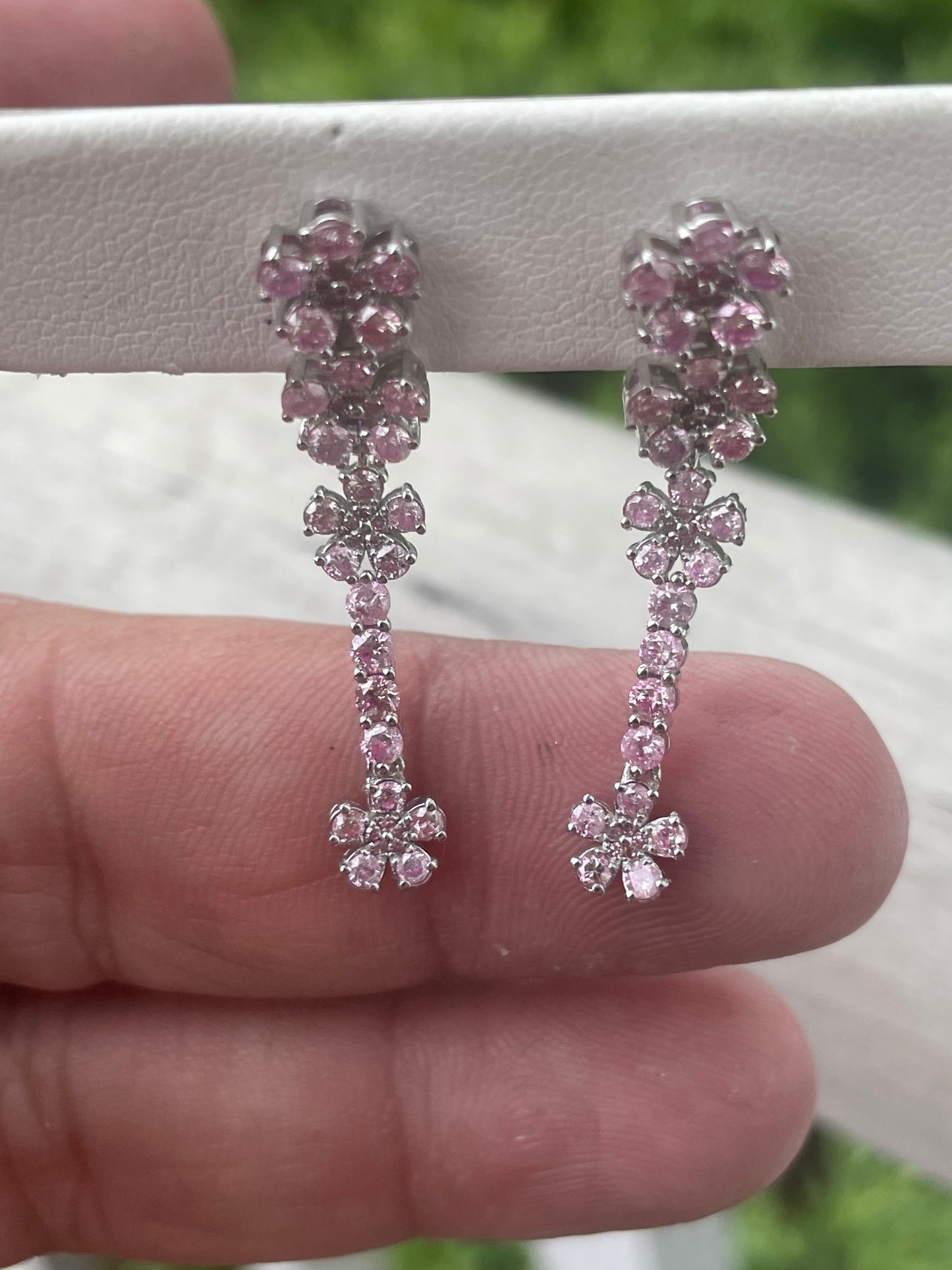 14k White Gold Pink Diamond Flower Dangle Earrings