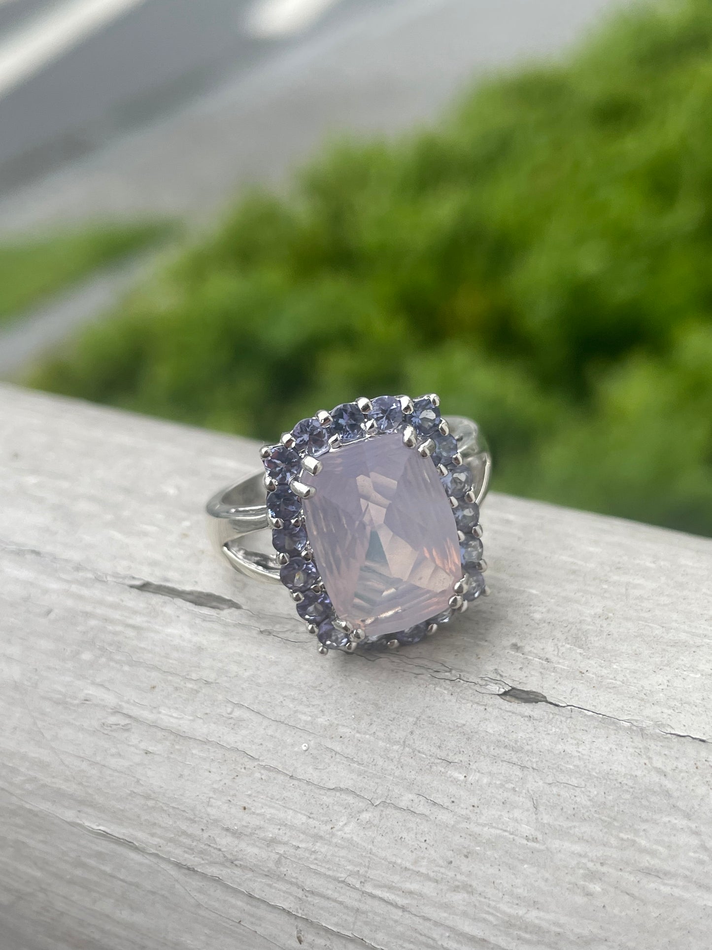 925 Sterling Silver Rose Quartz & Iolite Cluster Ring