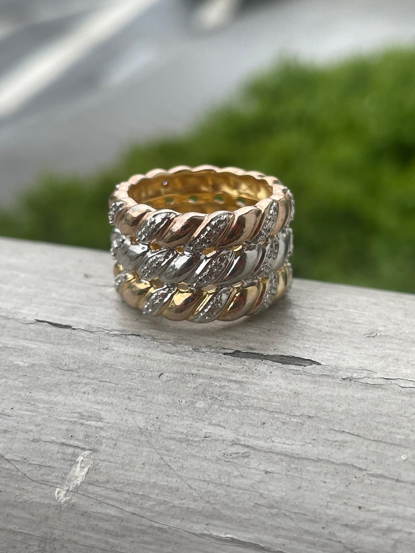 925 Sterling Silver Tri-Color Wide Triple Band Ring