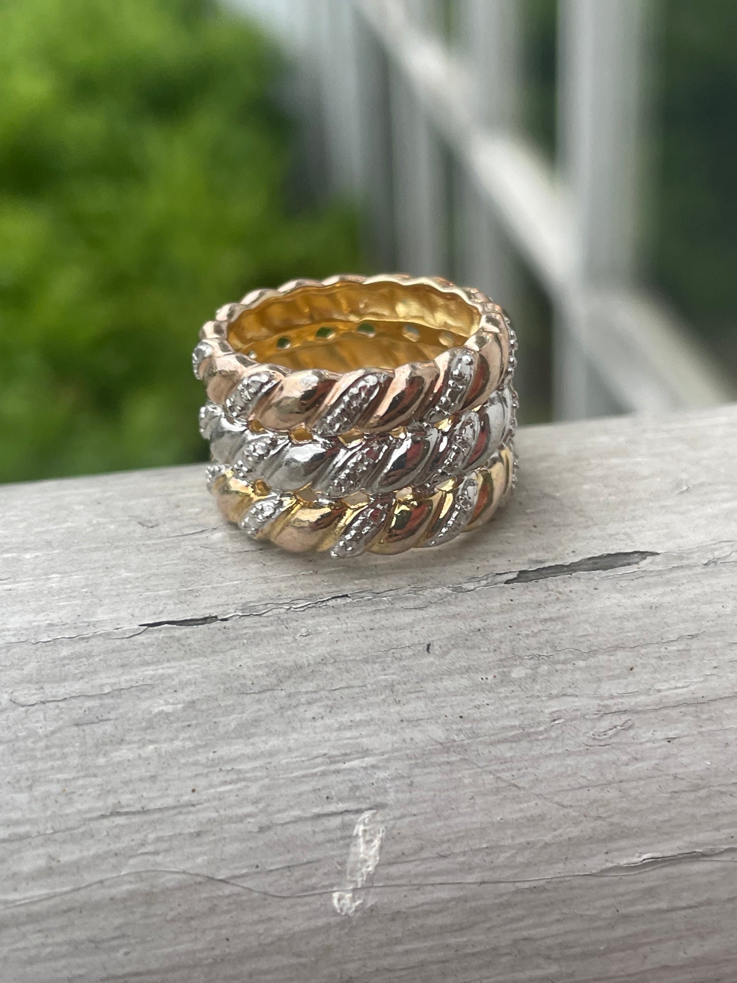 925 Sterling Silver Tri-Color Wide Triple Band Ring