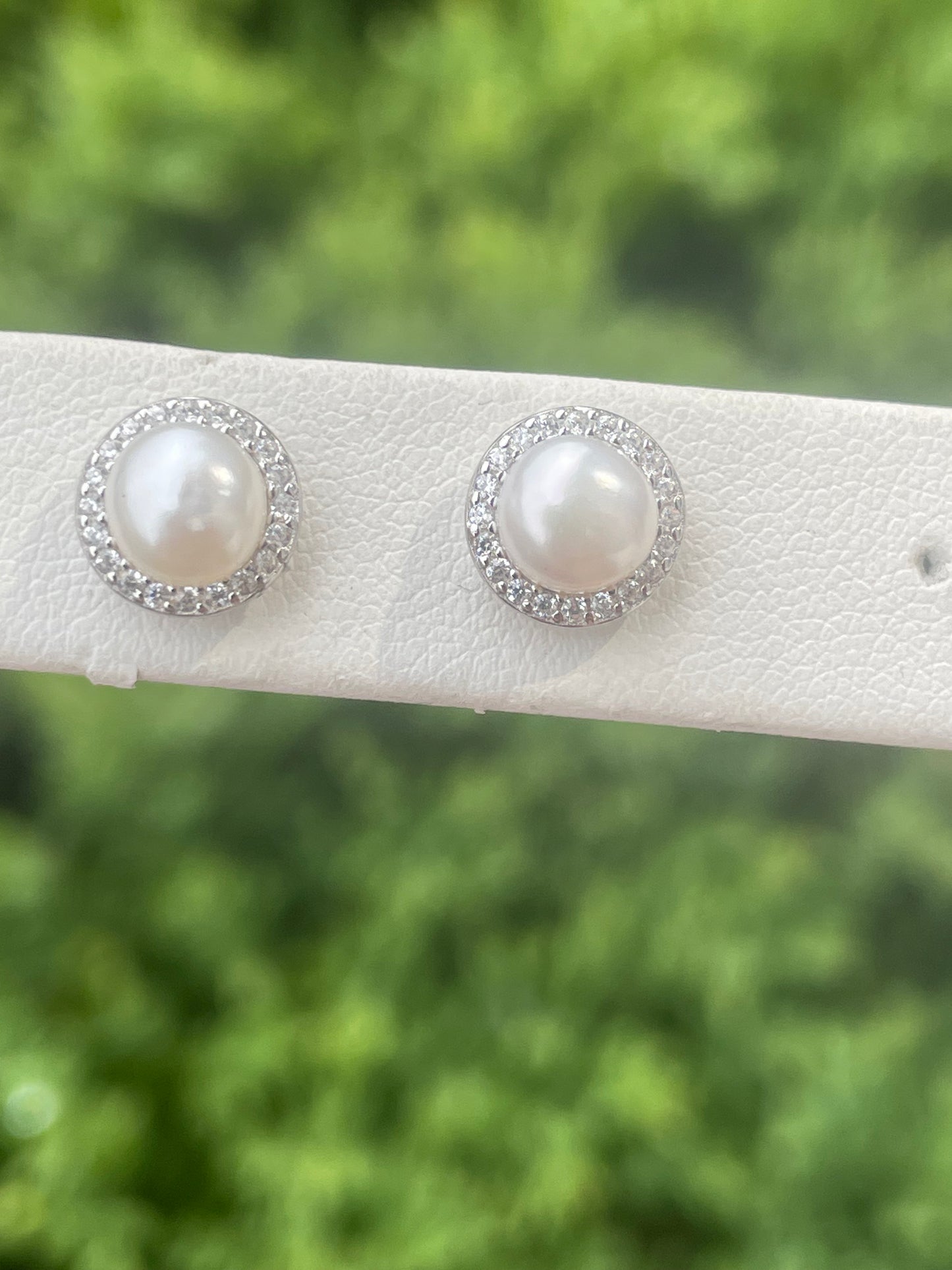 925 Sterling Silver Pearl Earring Studs with Clear Zirconia Halos