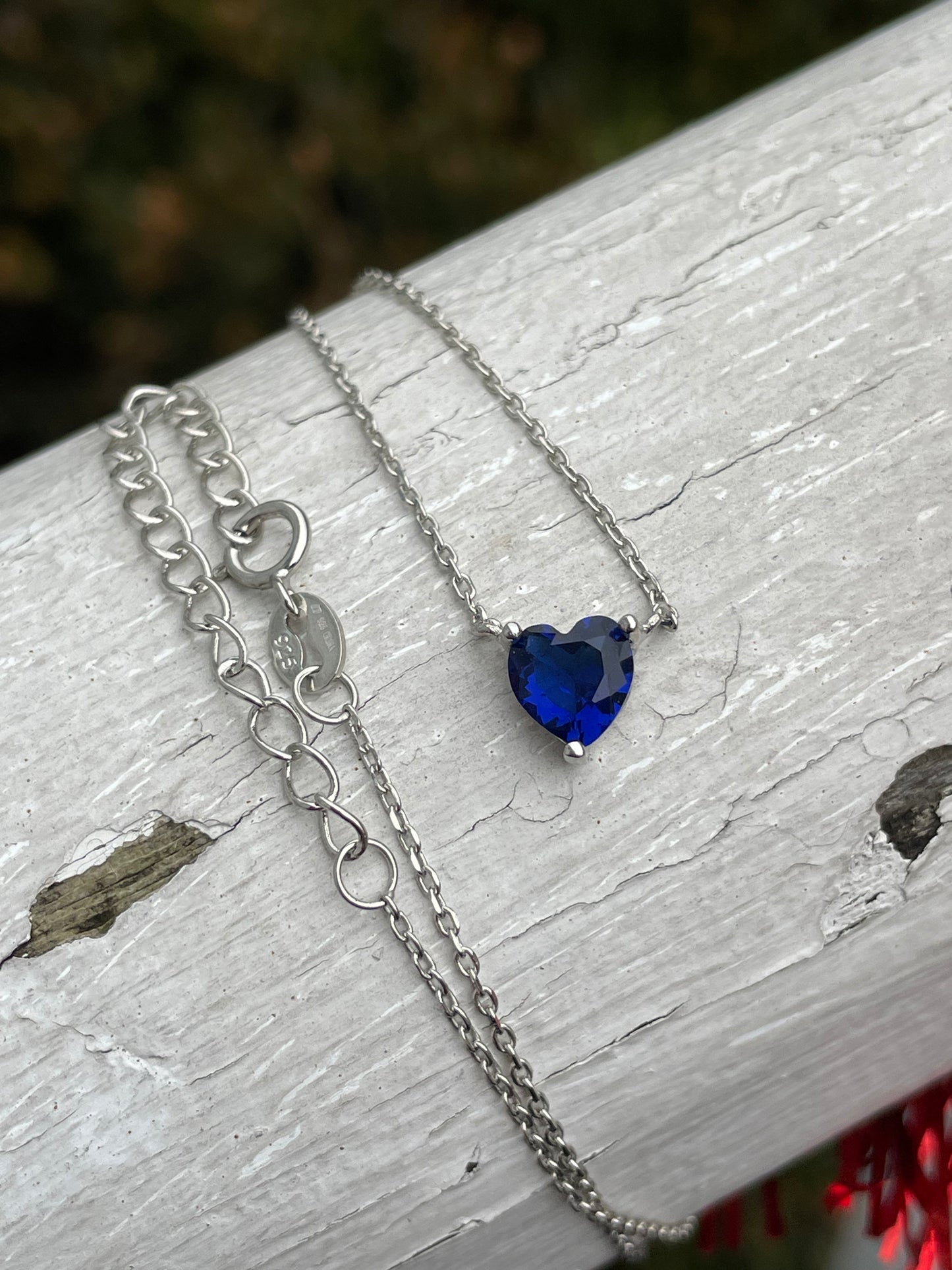 925 Sterling Silver Simulated Sapphire Heart Solitaire Necklace