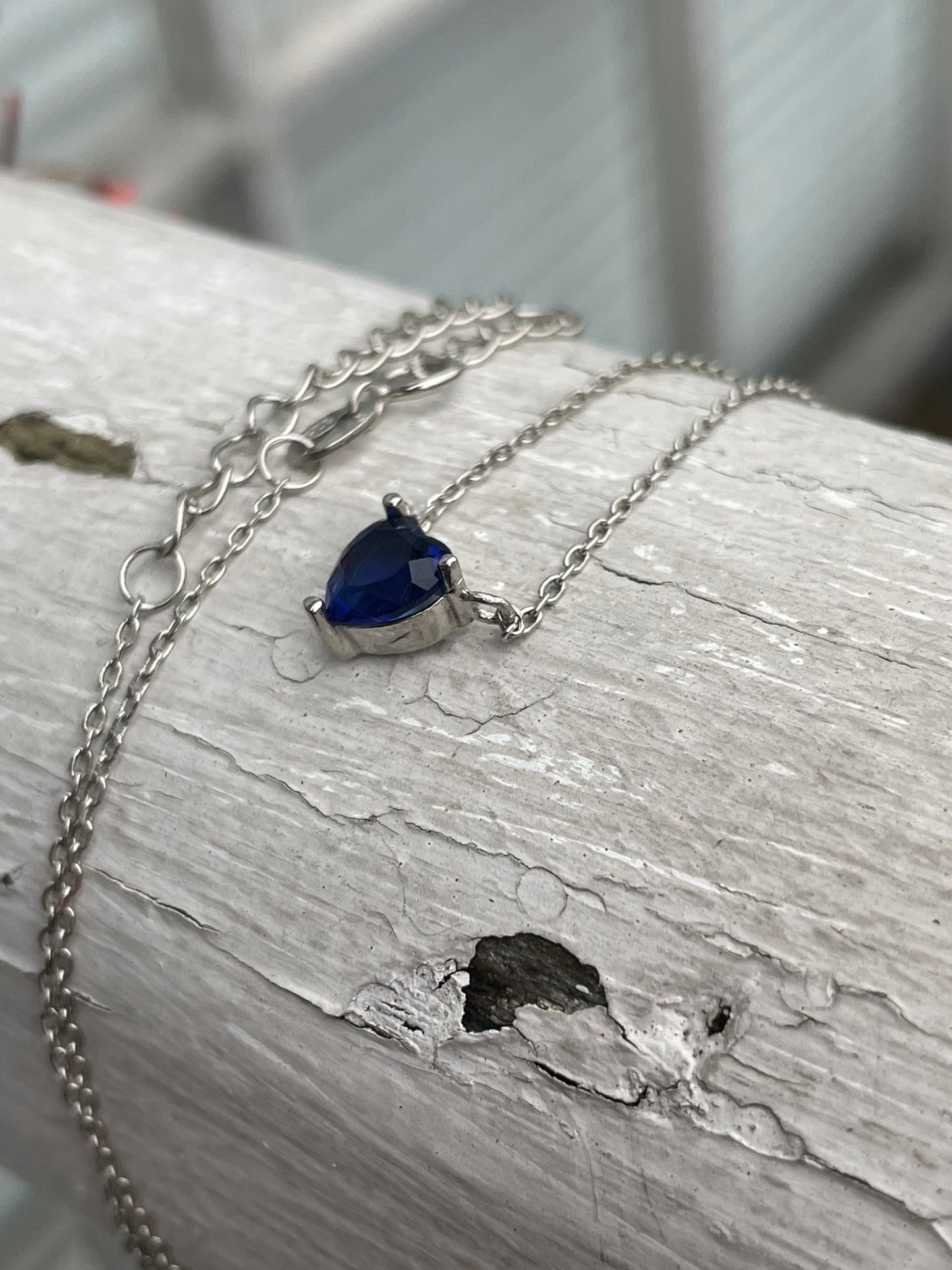 925 Sterling Silver Simulated Sapphire Heart Solitaire Necklace
