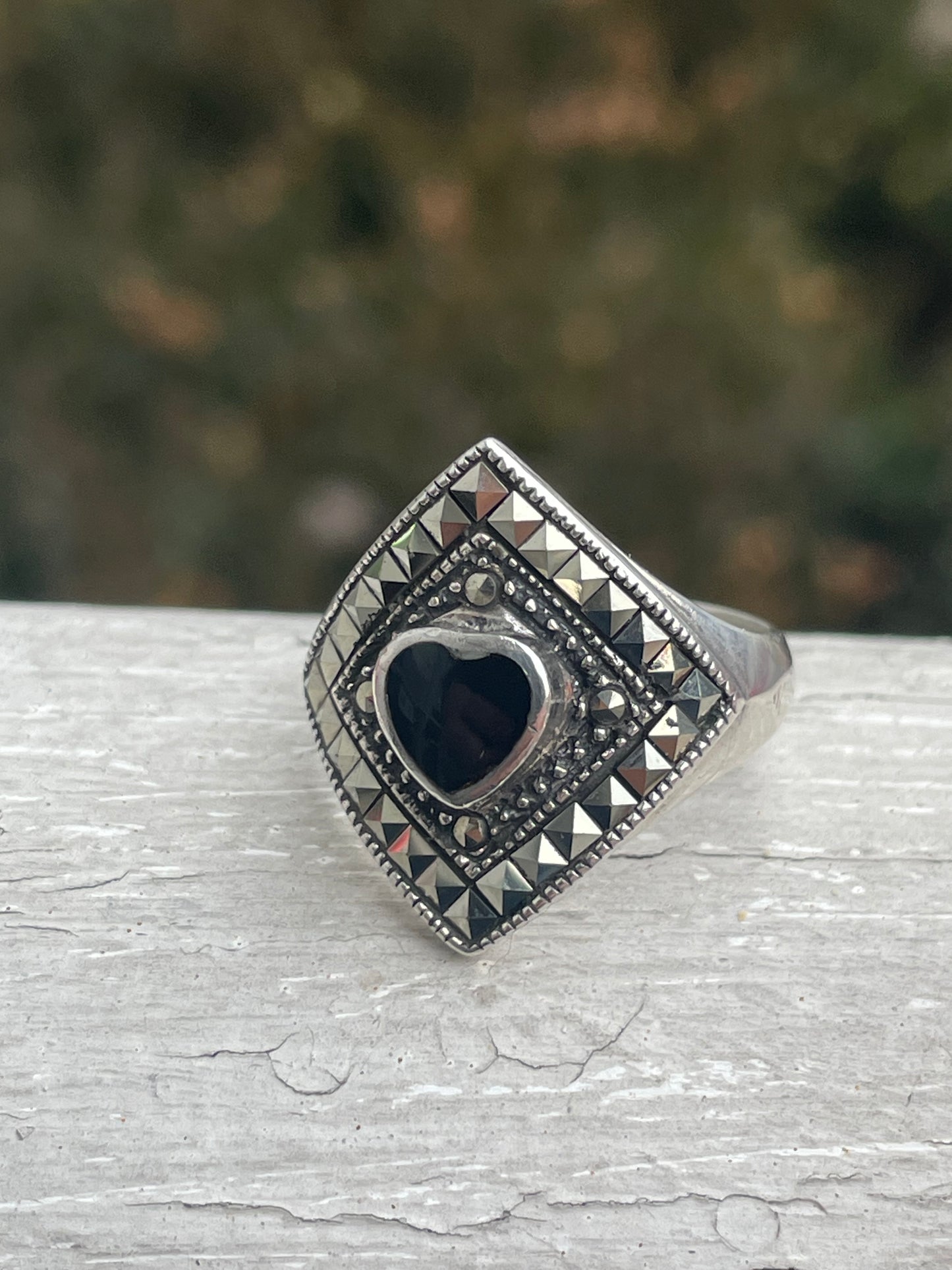 925 Sterling Silver Black Onyx & Marcasite Ring
