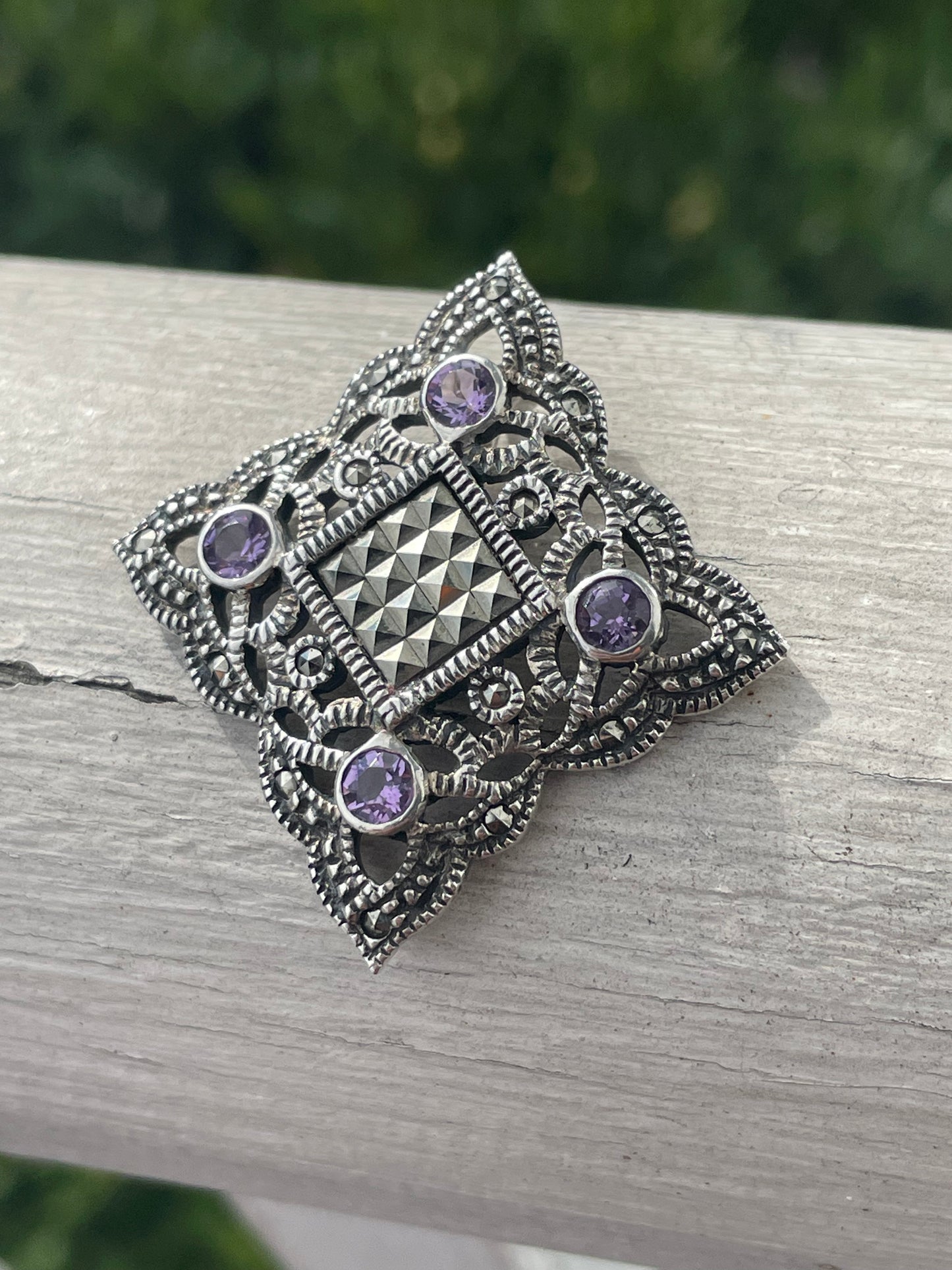 Designer HAN sterling silver Amethyst & Marcasite square decor pendant