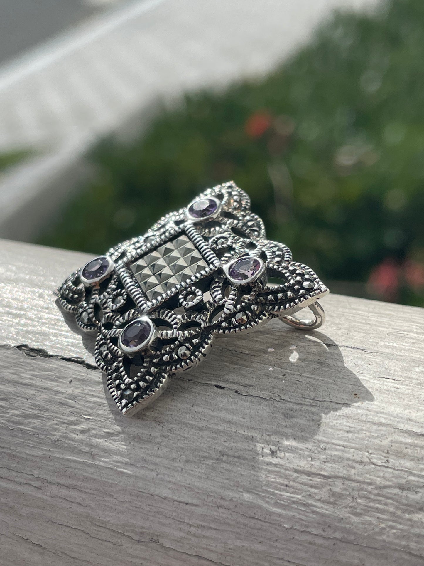 Designer HAN sterling silver Amethyst & Marcasite square decor pendant