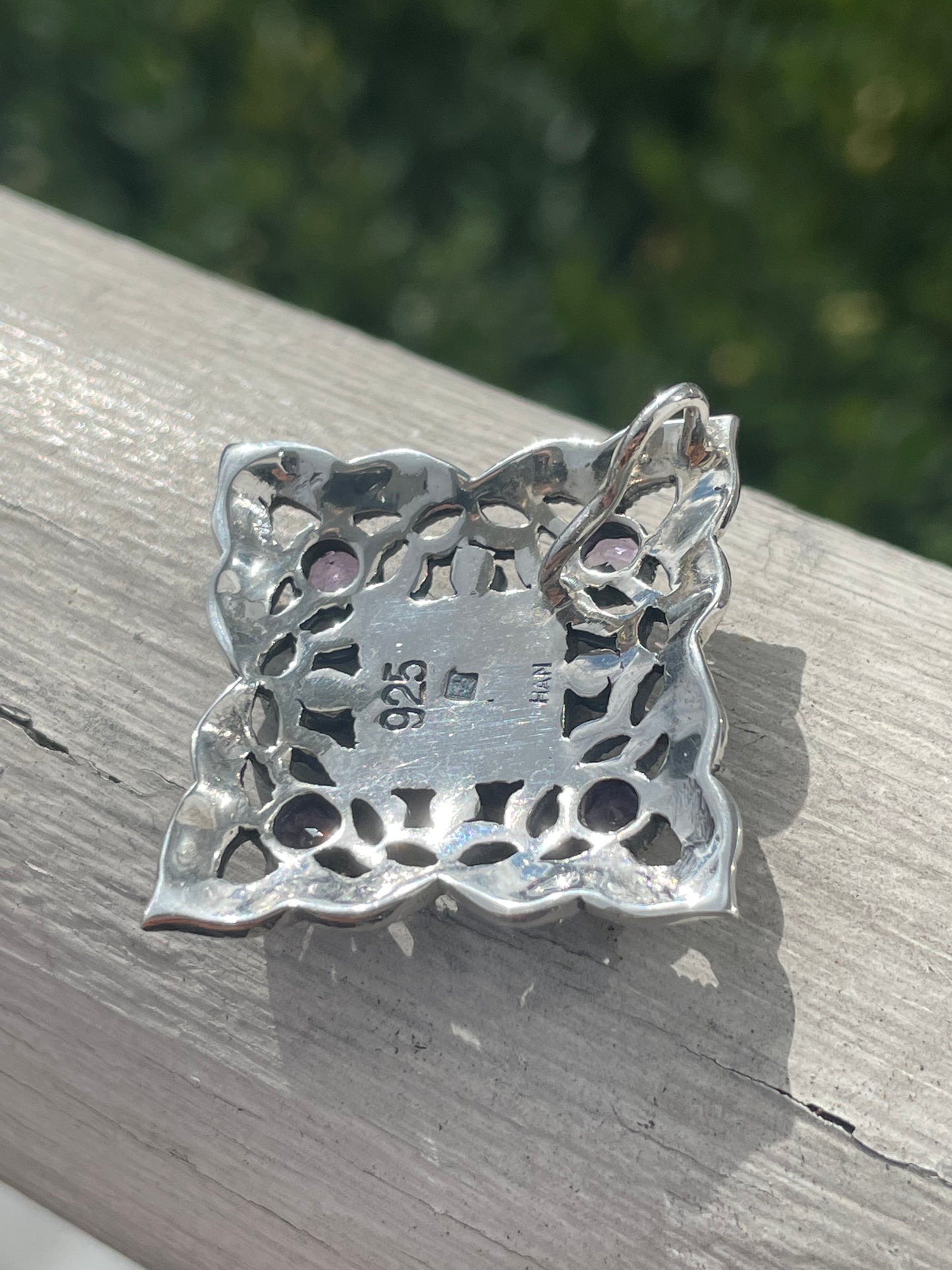 Designer HAN sterling silver Amethyst & Marcasite square decor pendant