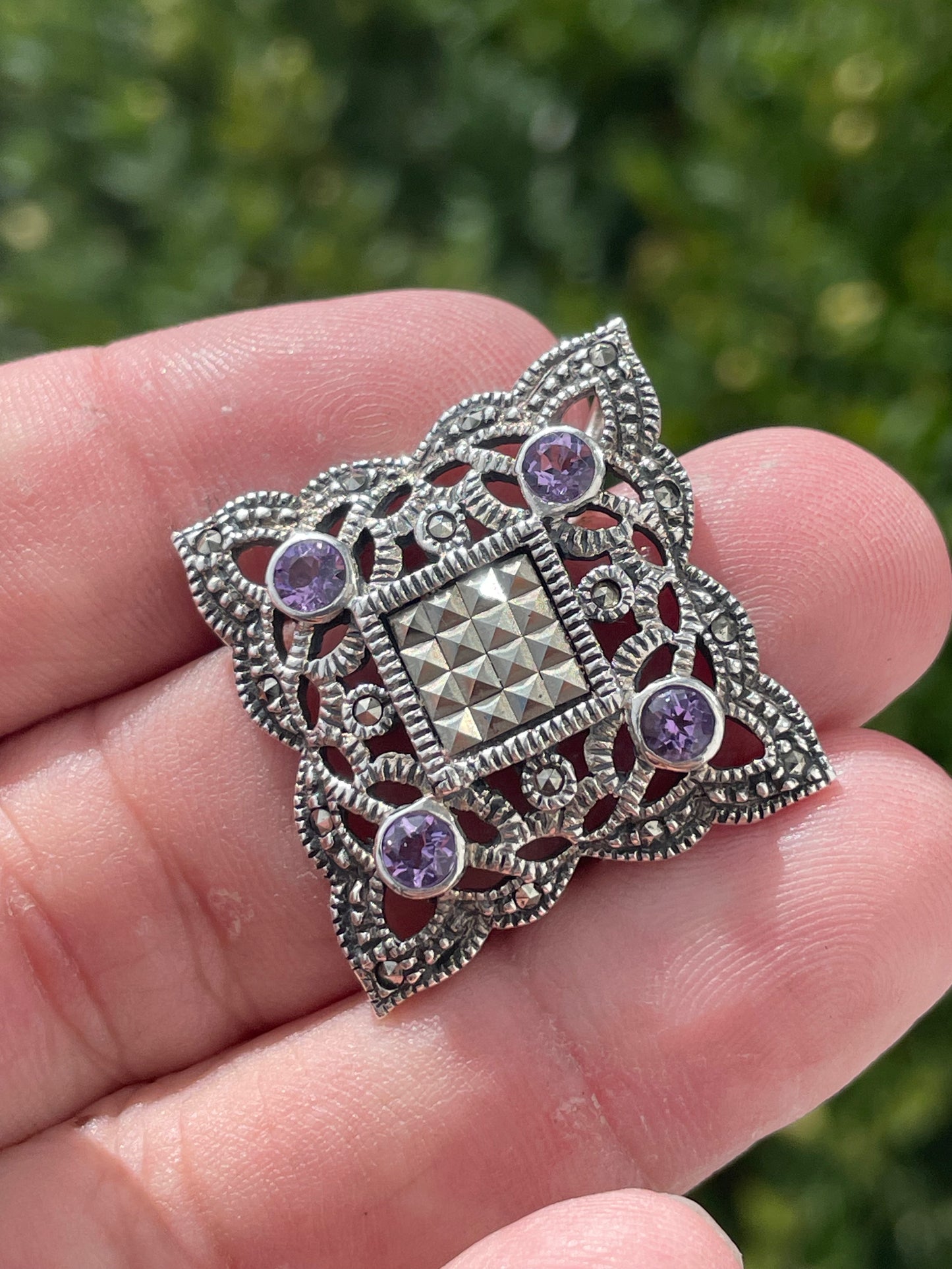 Designer HAN sterling silver Amethyst & Marcasite square decor pendant