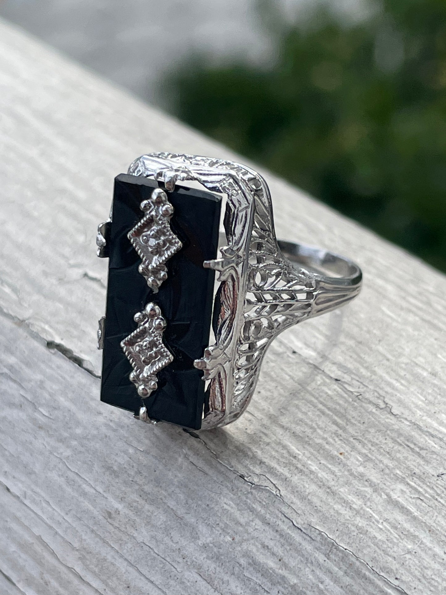 14k White Gold Black Onyx “My Resting Space” Diamond Embellishment Ring
