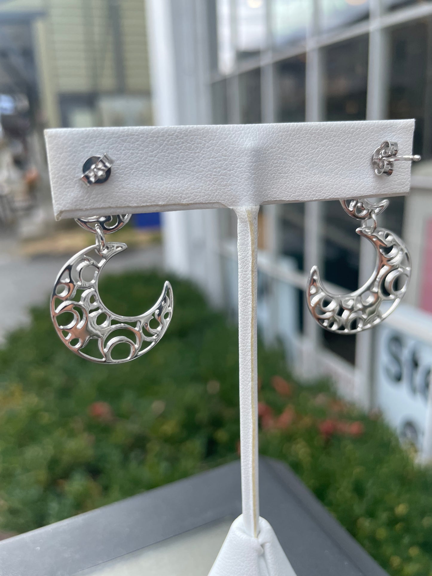 925 Sterling Silver Openwork Crescent Moon Dangle Earrings