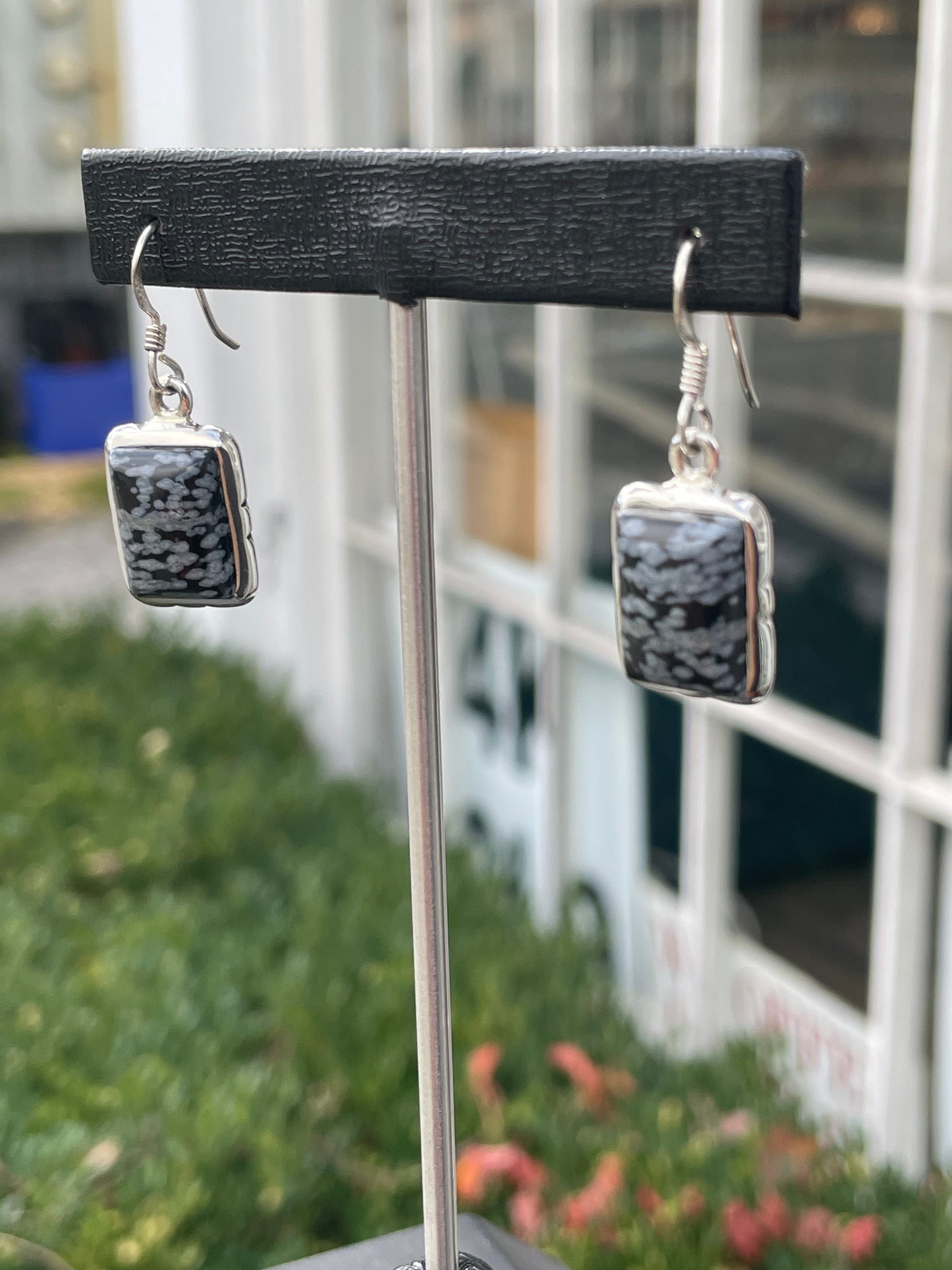 925 Sterling Silver Snowflake Obsidian Drop Earrings