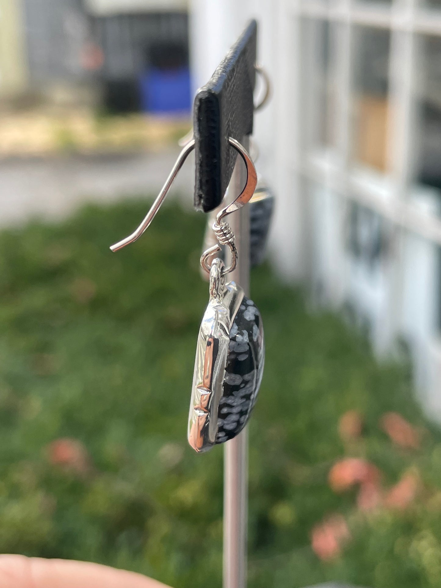 925 Sterling Silver Snowflake Obsidian Drop Earrings