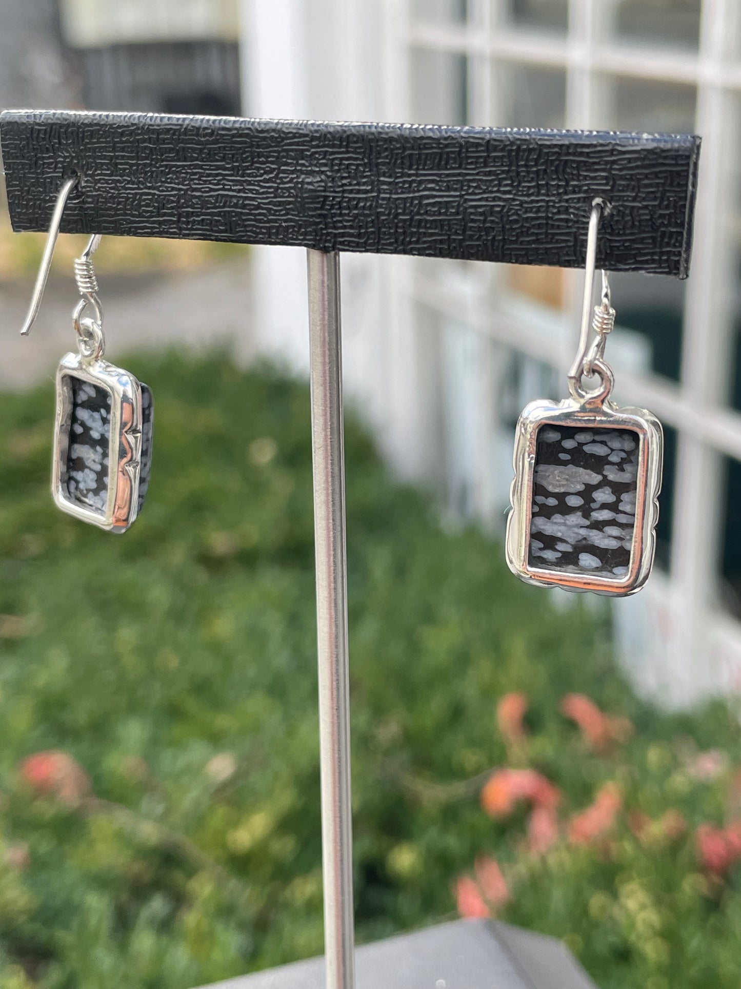 925 Sterling Silver Snowflake Obsidian Drop Earrings