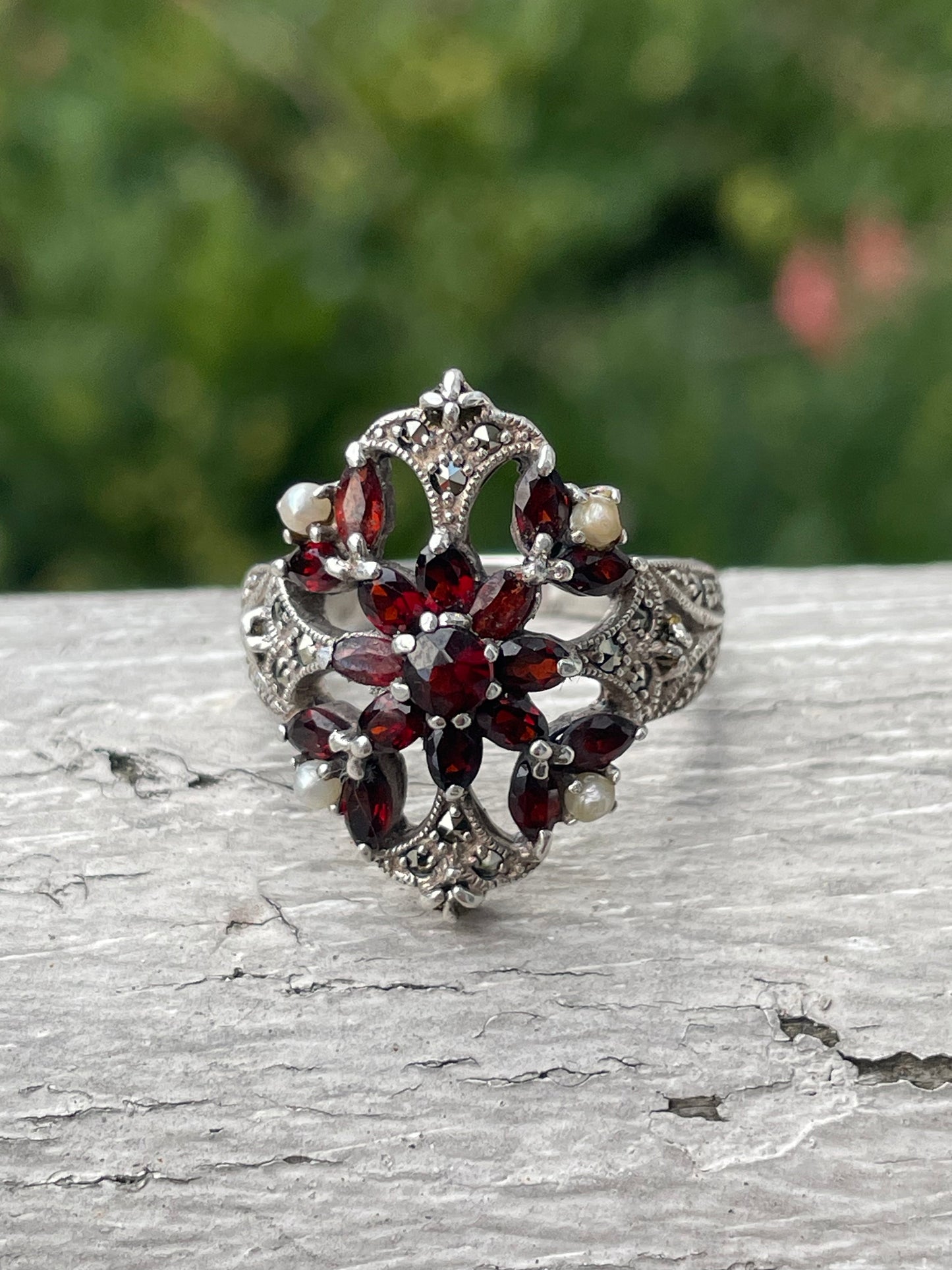 925 Sterling Silver “Vampire Queen” Garnet, Pearl & Marcasite Ring