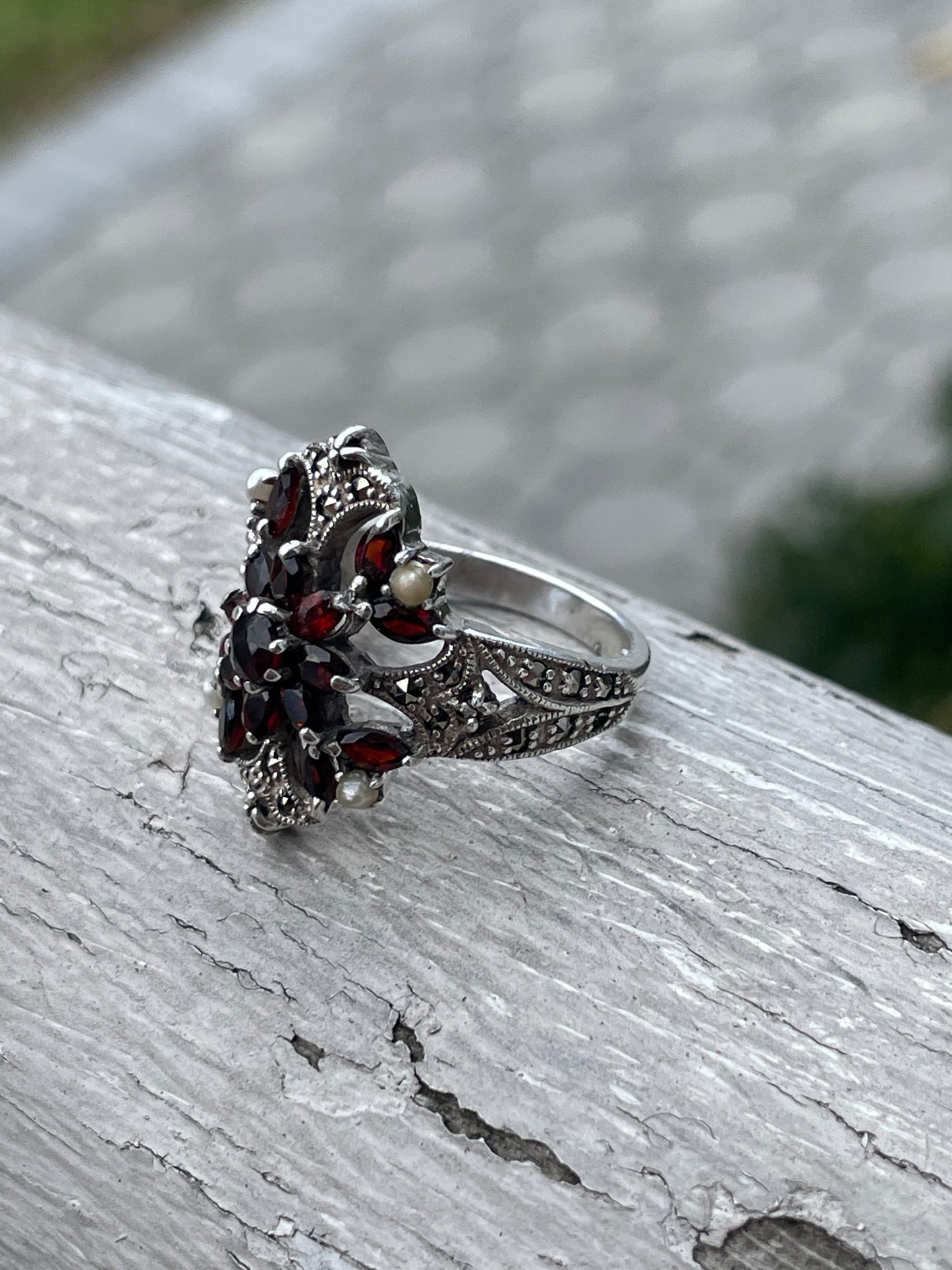 925 Sterling Silver “Vampire Queen” Garnet, Pearl & Marcasite Ring