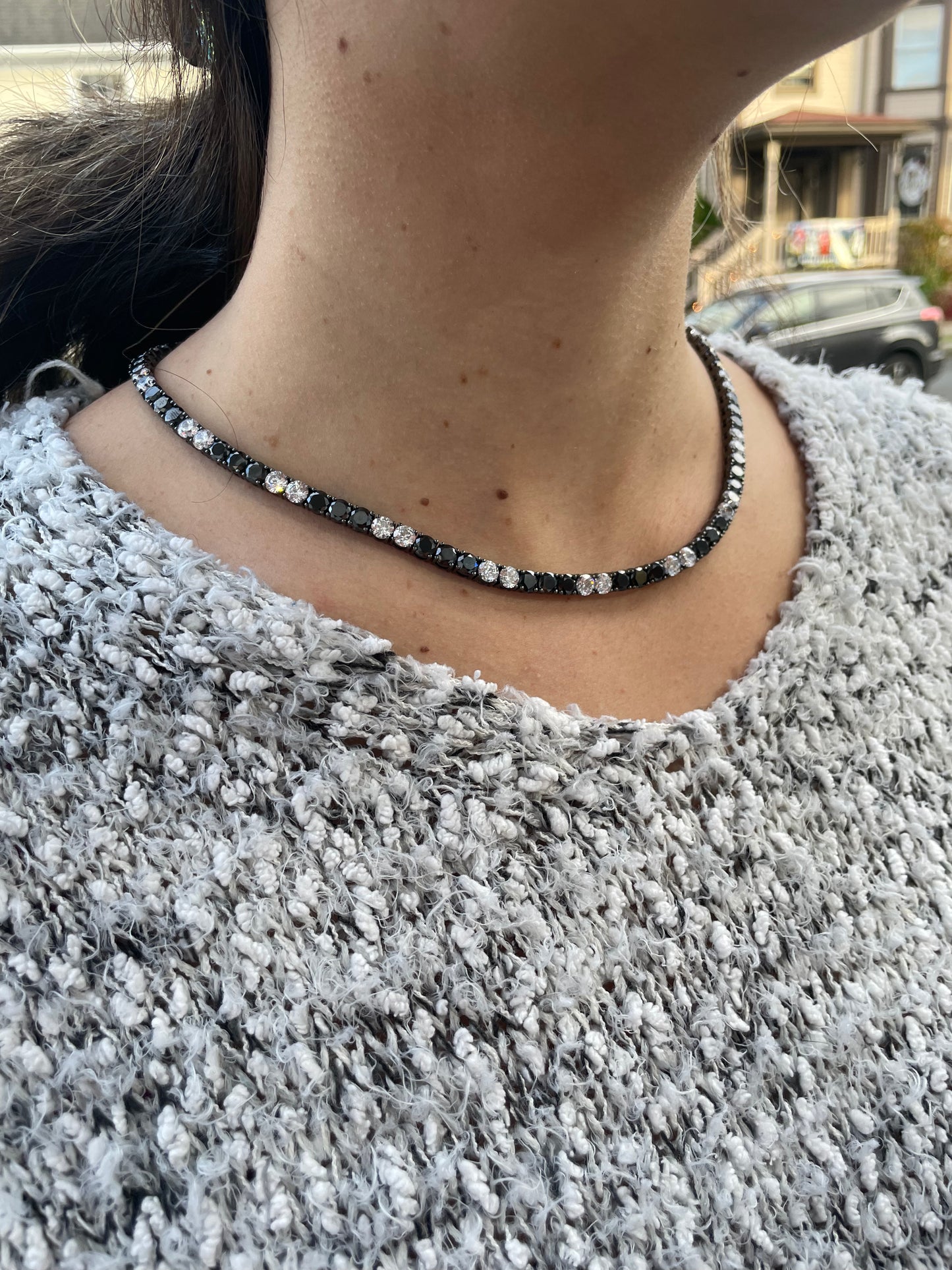 925 Oxidized Sterling Silver Black & White Zirconia Tennis Choker Necklace