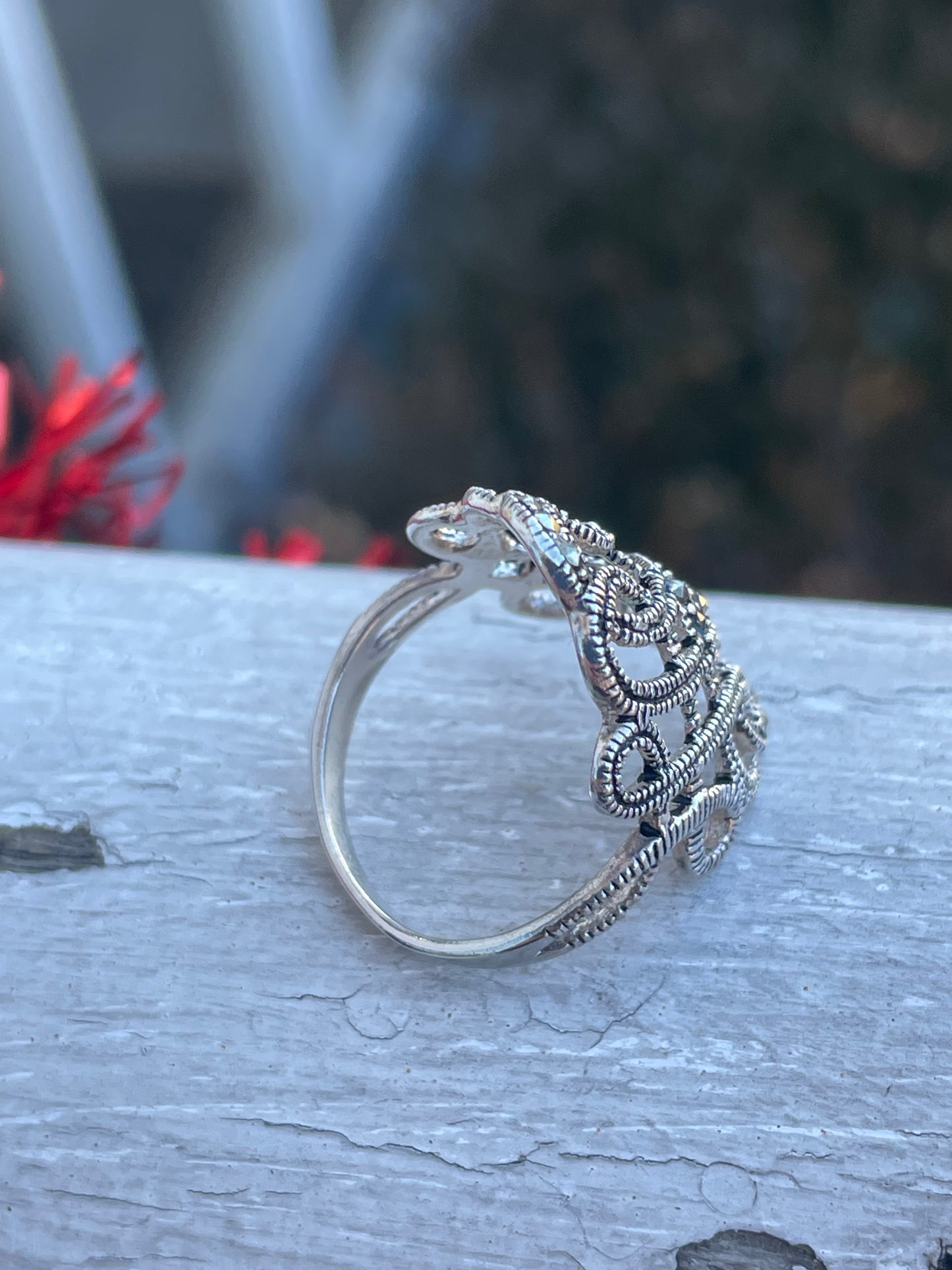 925 Sterling Silver Infinite Wisdom Marcasite Filigree Infinity Ring