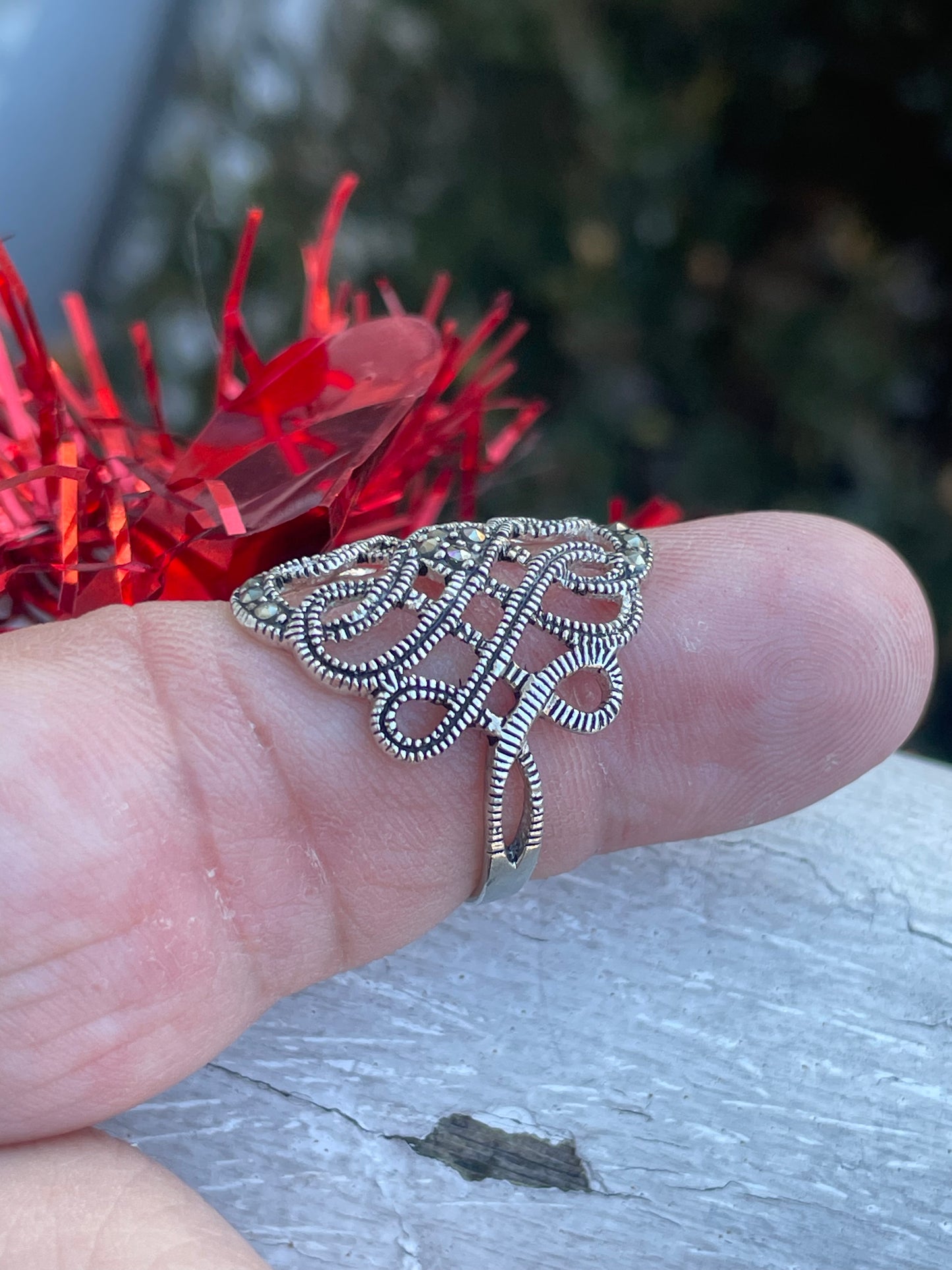 925 Sterling Silver Infinite Wisdom Marcasite Filigree Infinity Ring