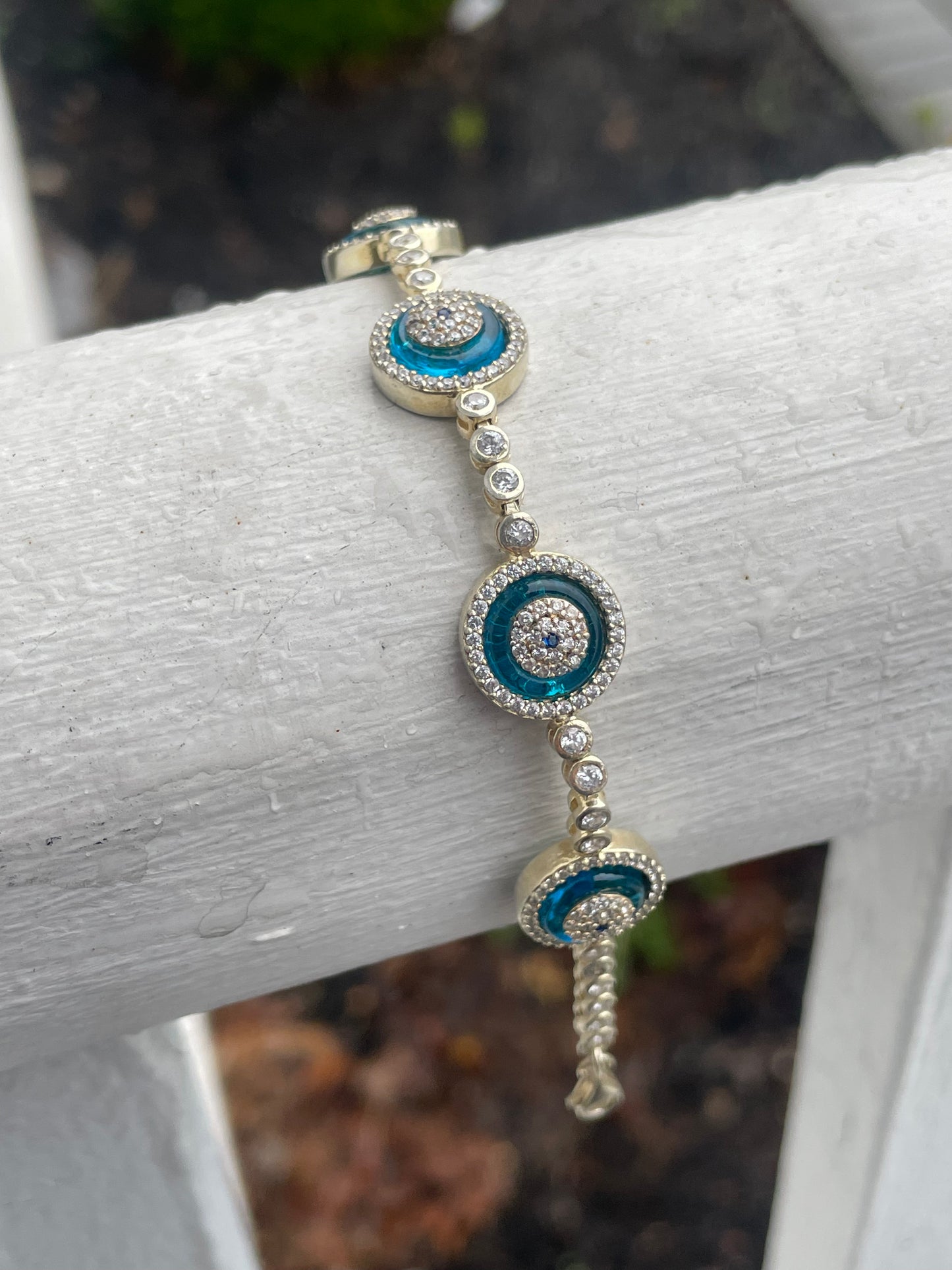 925 Sterling Silver Vermeil Blue Crystal Evil Eye Cz Tennis Bracelet 7”-8”