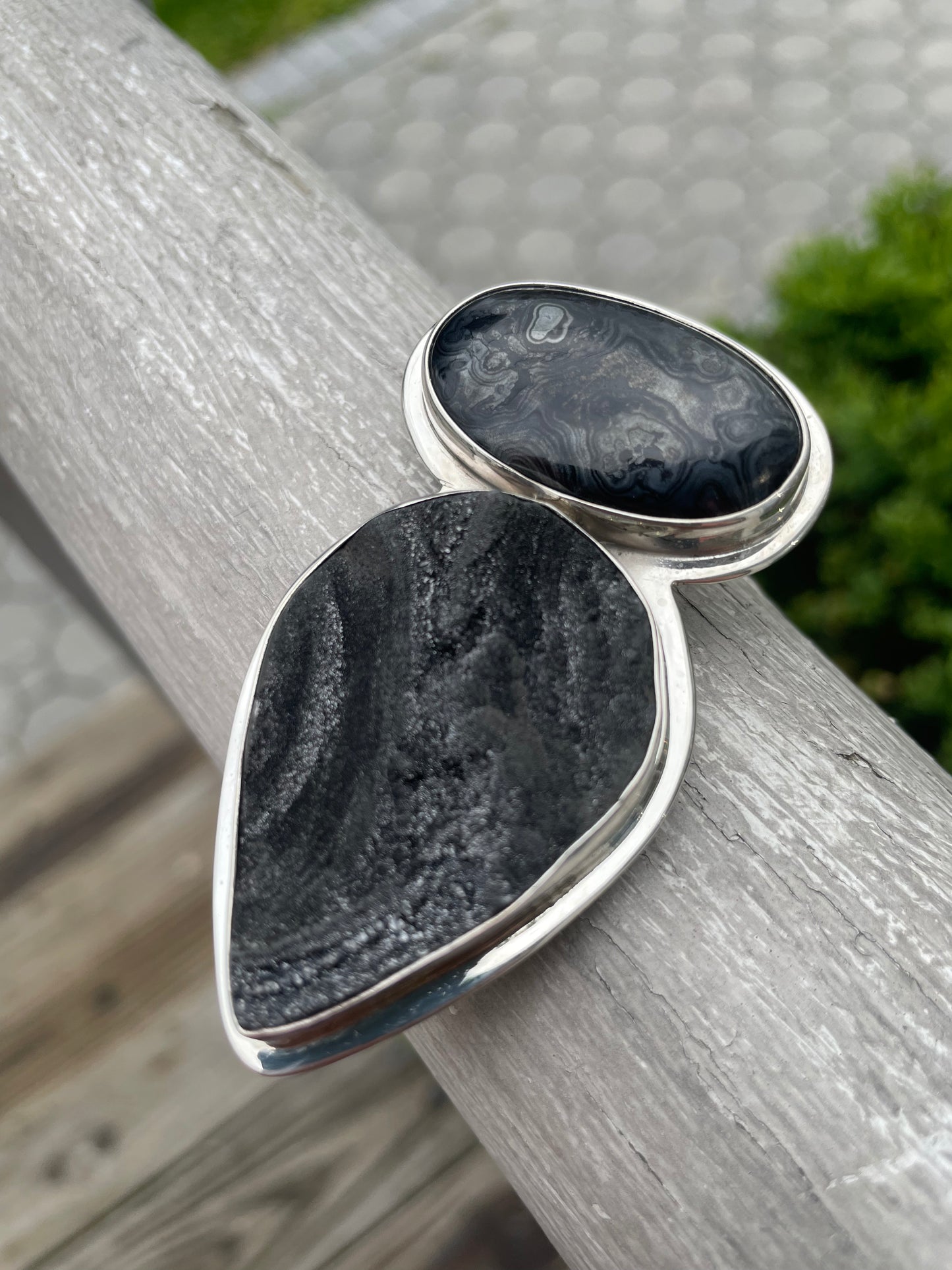 Designer Chris Bales Elligators 925 Sterling Silver Black Druzy & Onyx Pin Pendant