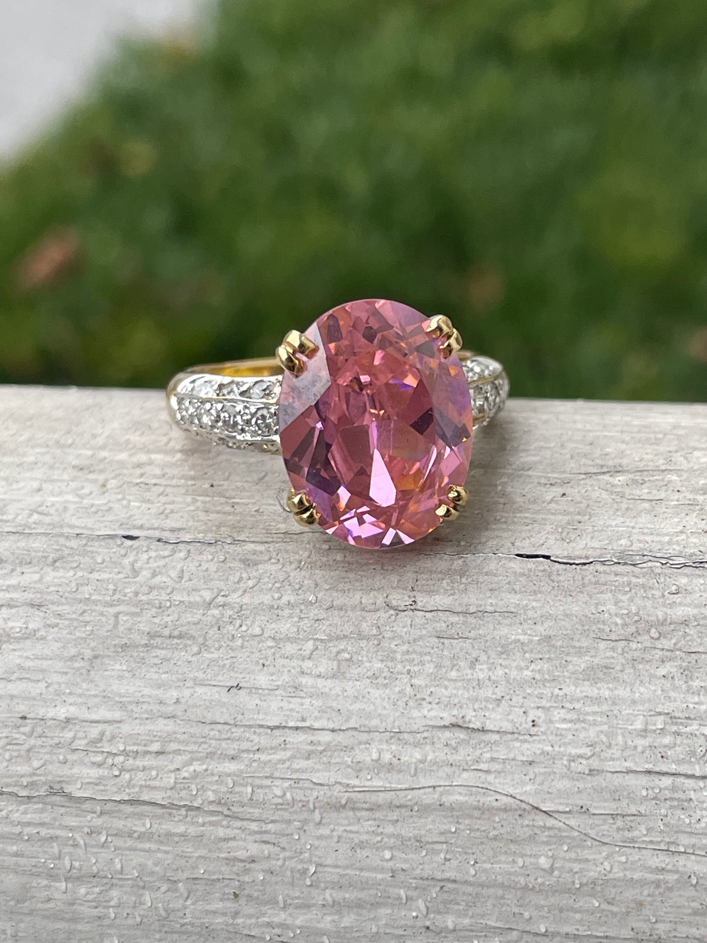 925 Sterling Silver Vermeil Large Oval Pink Ice & Cz statement ring