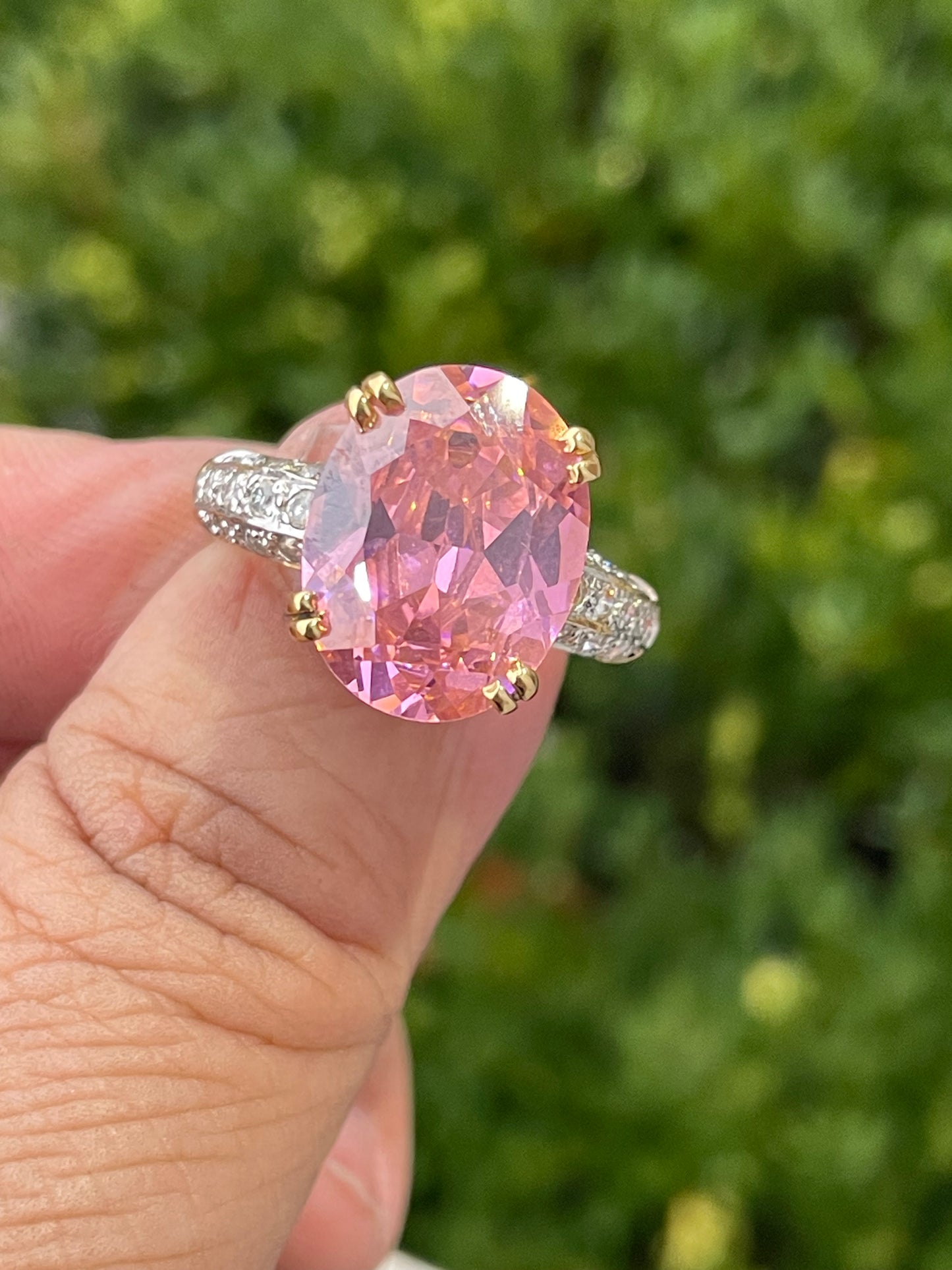925 Sterling Silver Vermeil Large Oval Pink Ice & Cz statement ring