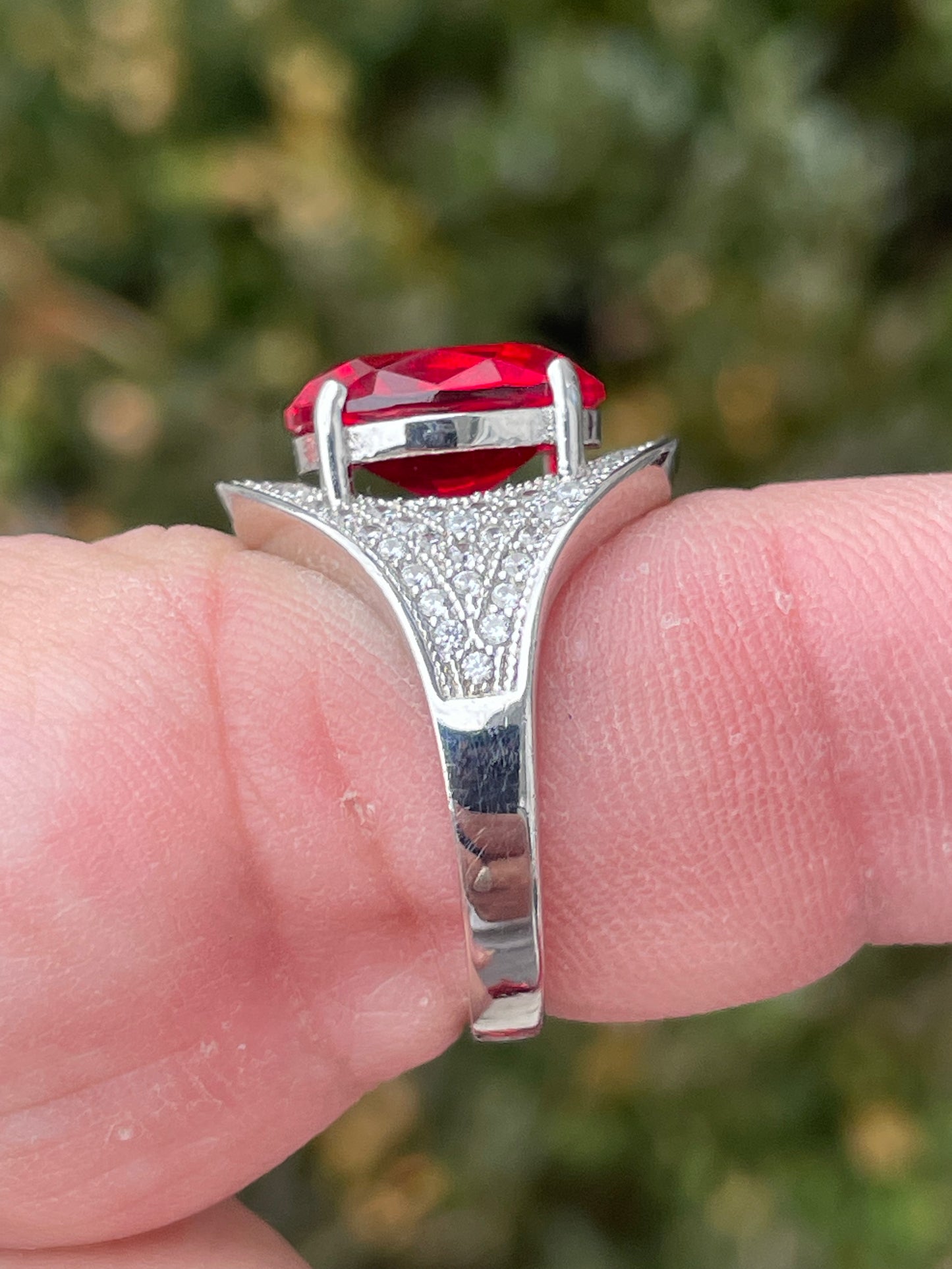 925 Sterling Silver Simulated Oval Ruby Micro-Pave’ Cz Shield Ring